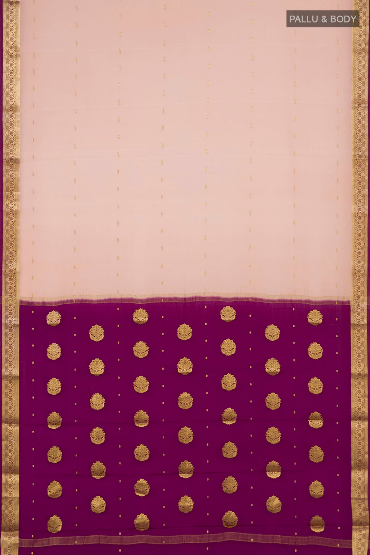 Flat view of Peach Mysore Crepe Saree with Zari Butta on the body and Zari Border. 