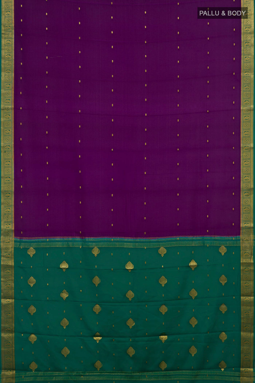 Flat view of Purple Mysore Crepe Saree with Zari Butta on the body and Zari Border. 