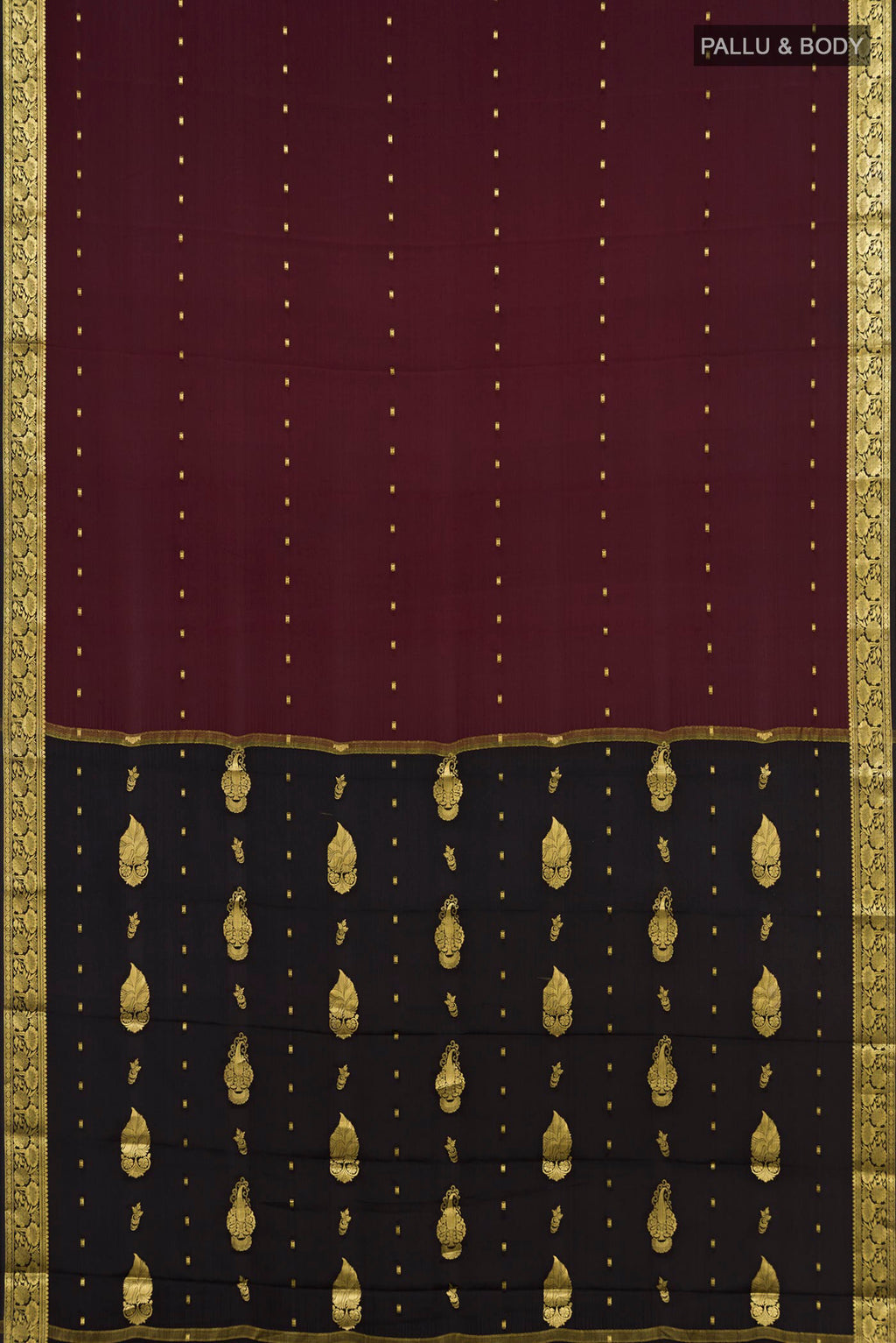 Flat view of Brown Mysore Crepe Saree with Zari Butta on the body and Zari Border. 