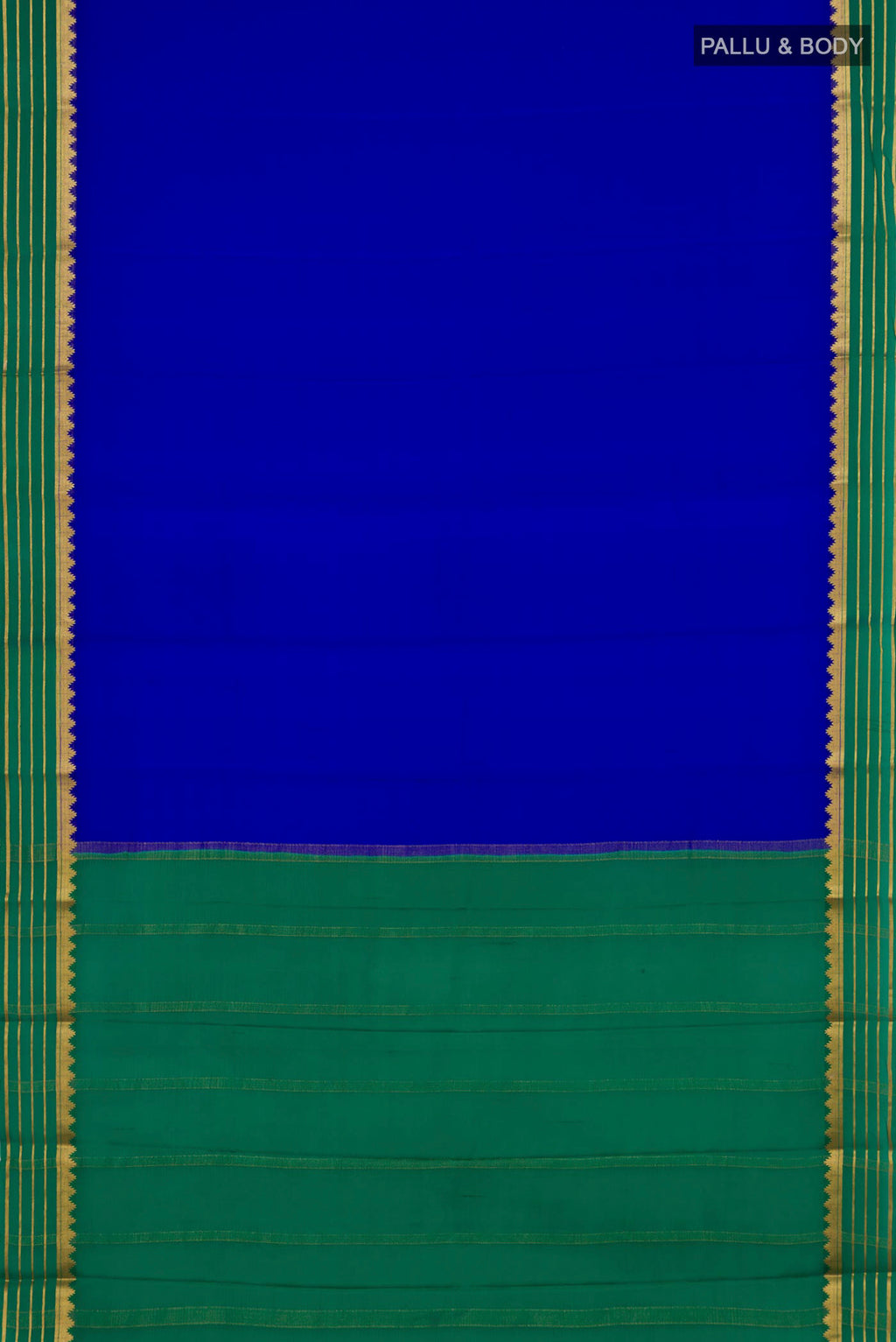 Flat view of Royal Blue Mysore Crepe Saree with Plain Body and Zari Border. 