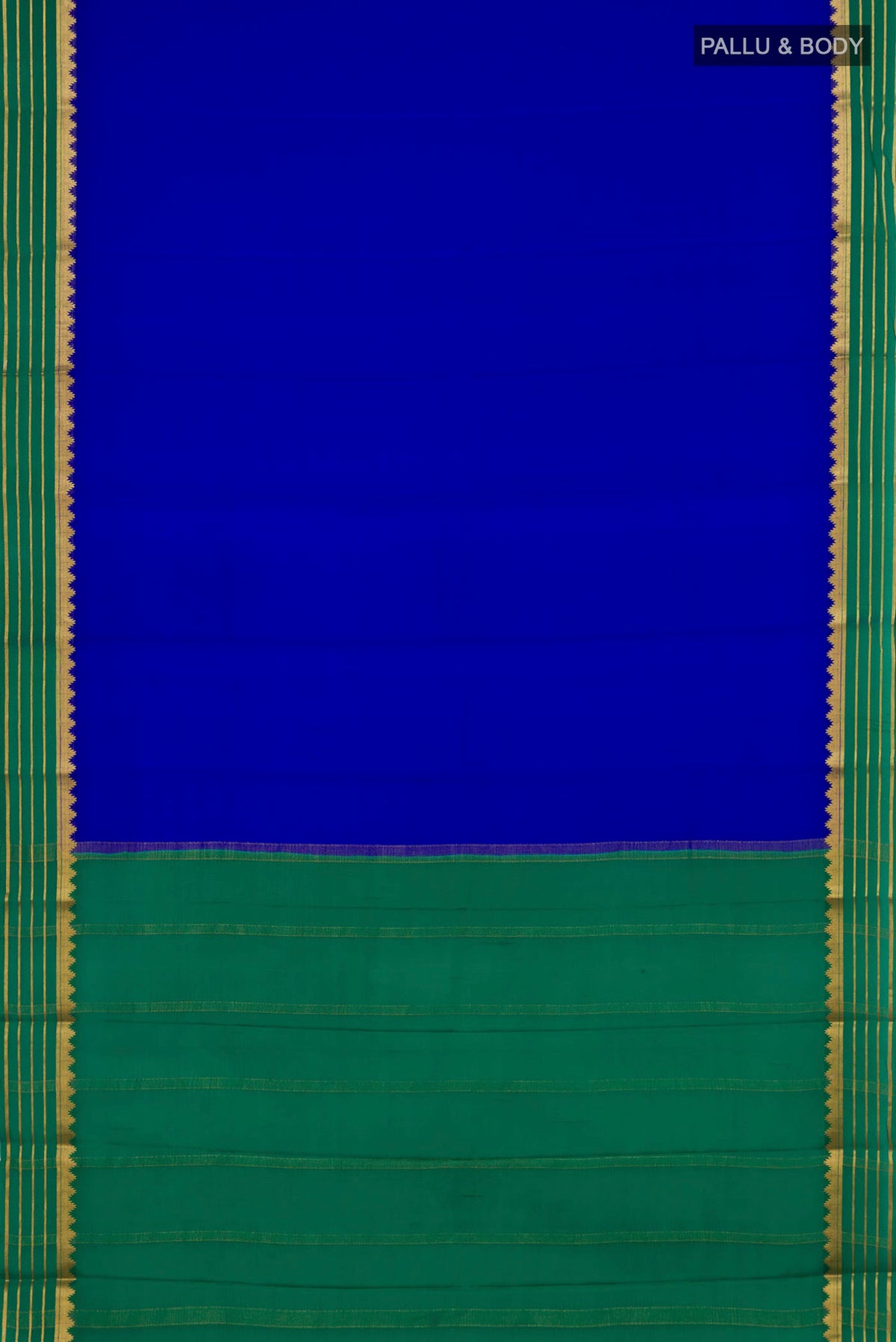 Flat view of Royal Blue Mysore Crepe Saree with Plain Body and Zari Border. 