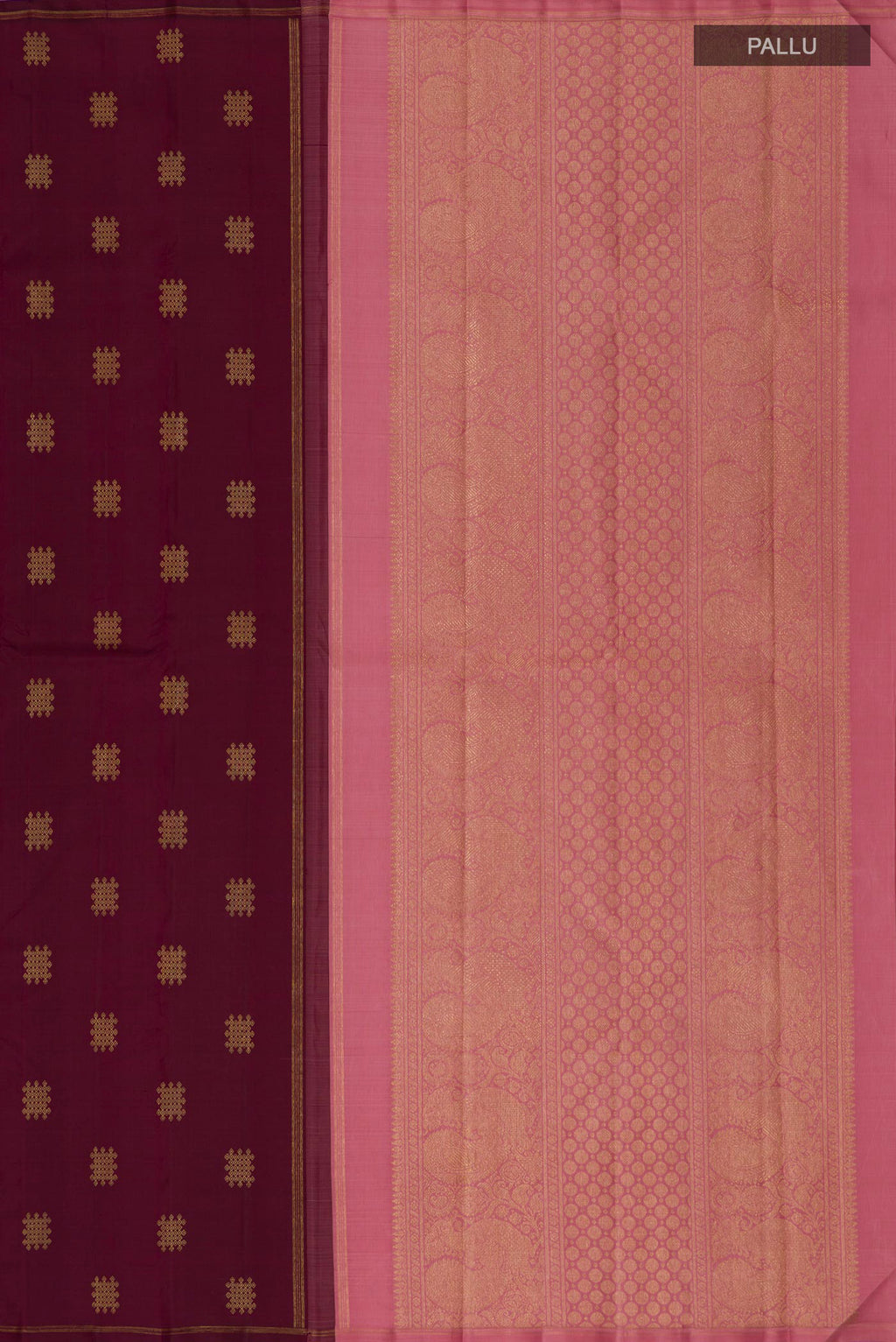 Close up image of the pallu of Pure Silk Pure Zari Maroon Kanchipuram Saree with Zari Butta on the body and Thin Zari Line. 