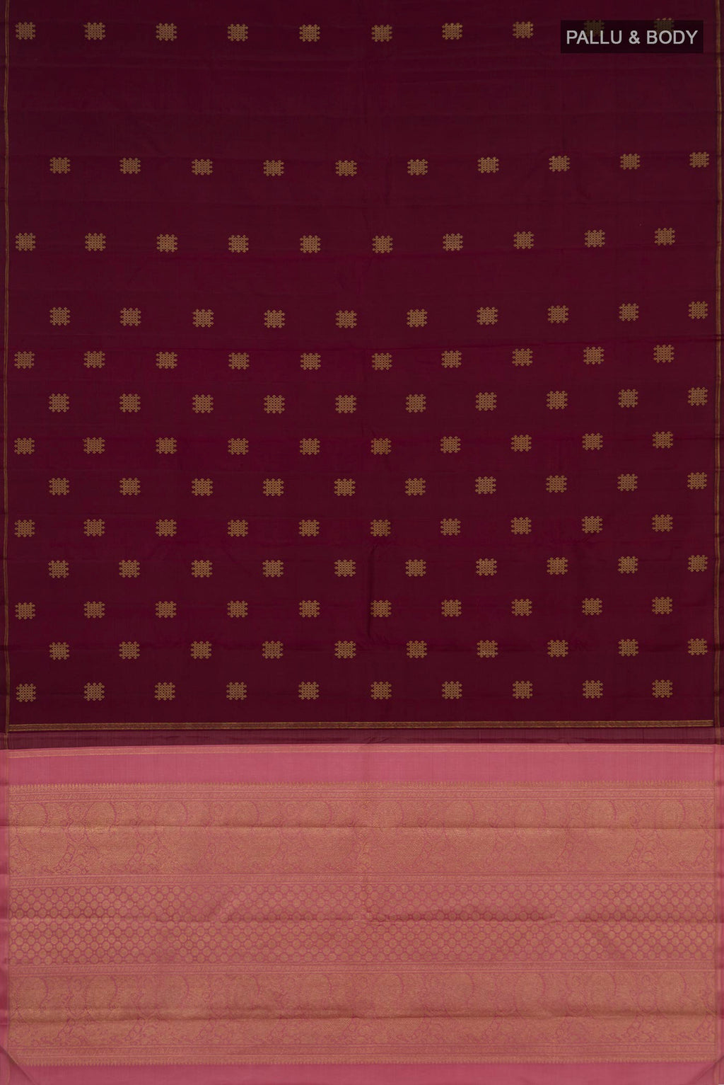 Flat view of Pure Silk Pure Zari Maroon Kanchipuram Saree with Zari Butta on the body and Thin Zari Line. 