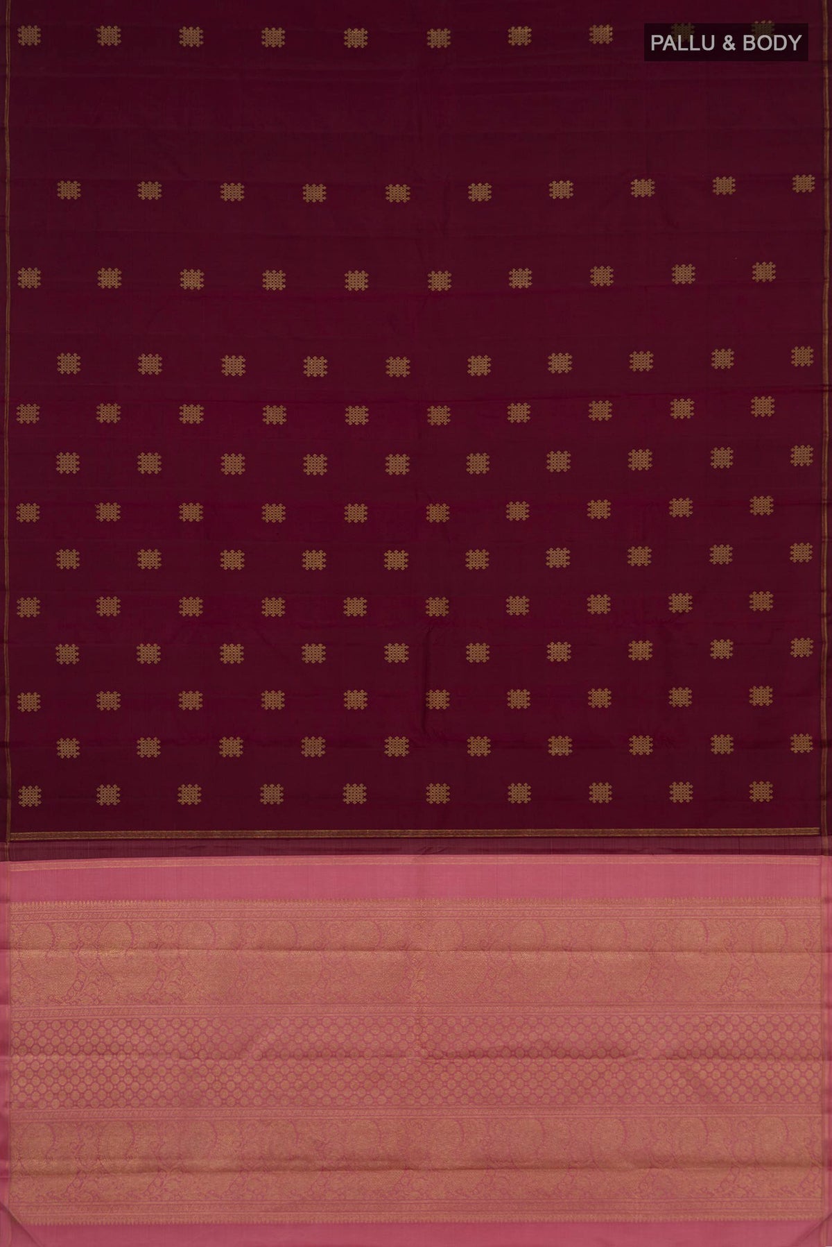 Flat view of Pure Silk Pure Zari Maroon Kanchipuram Saree with Zari Butta on the body and Thin Zari Line. 