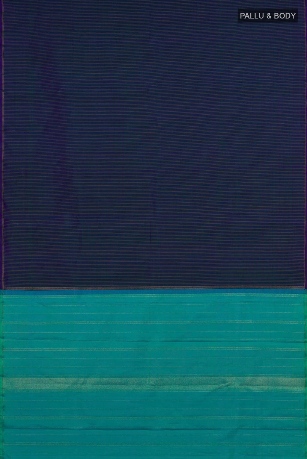 Flat view of Pure Silk Pure Zari Peacock Blue Dual Tone Kanjivaram Saree with Stripes on the body and Thin Zari Line. 