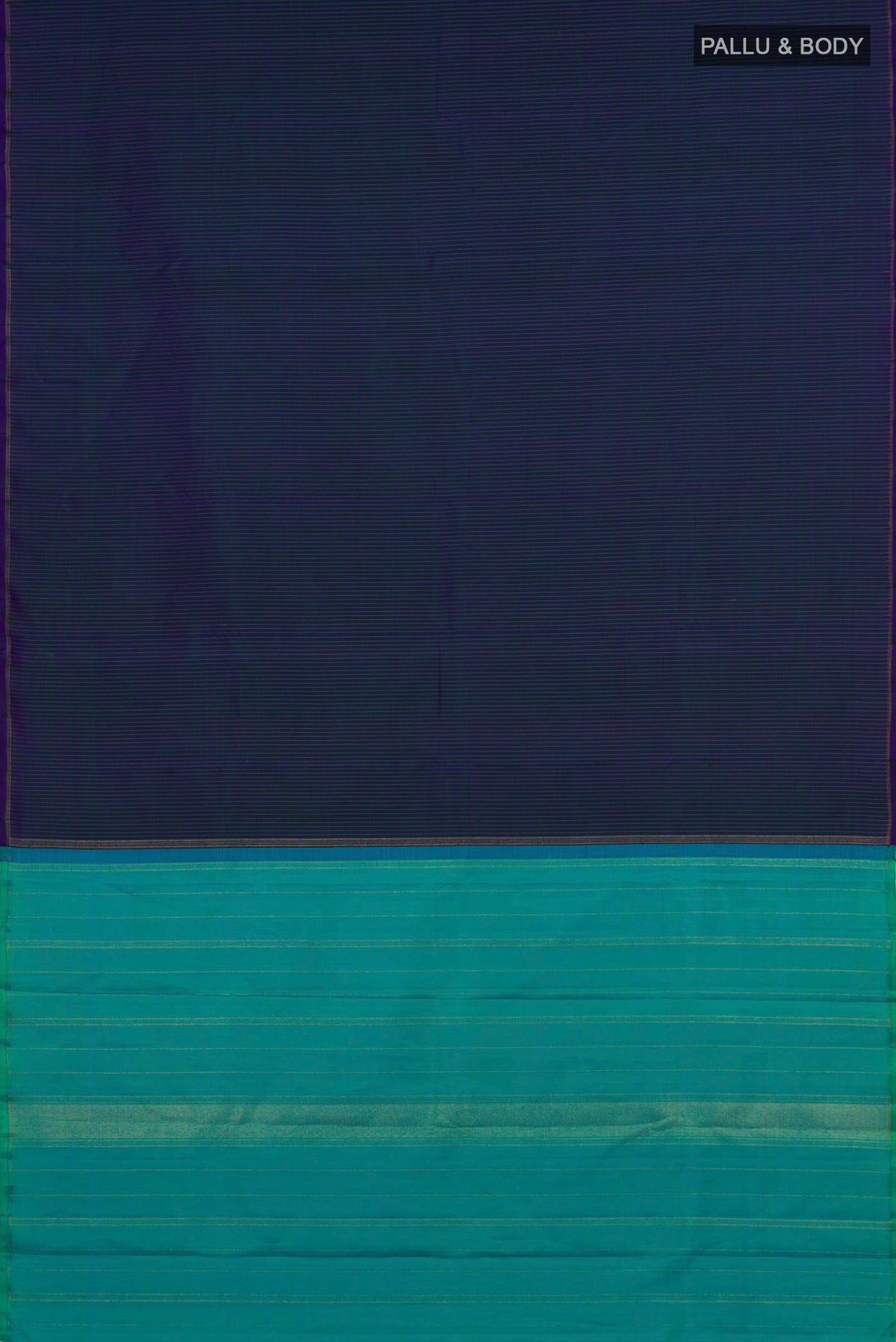 Flat view of Pure Silk Pure Zari Peacock Blue Dual Tone Kanjivaram Saree with Stripes on the body and Thin Zari Line. 