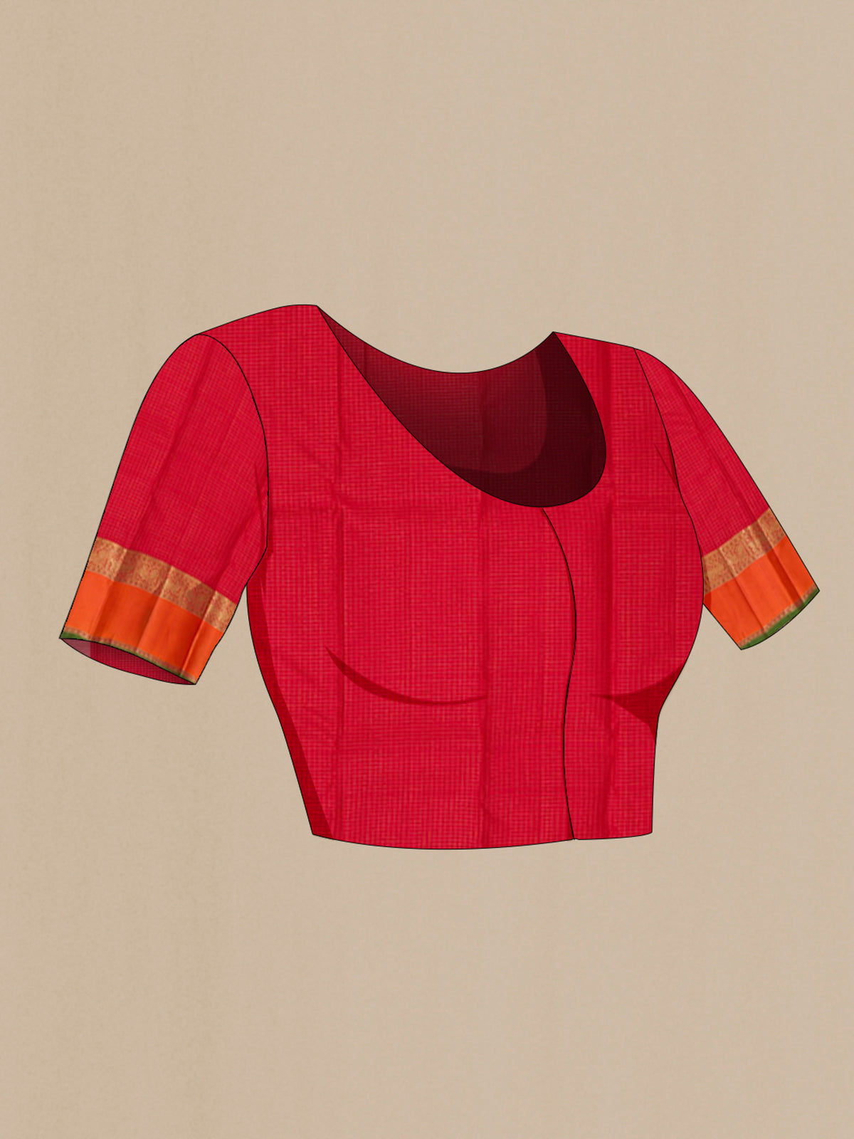 Close up image of the blouse of Pure Silk Maroon Kanchipuram Saree with Checked design on the body and Zari Border. 