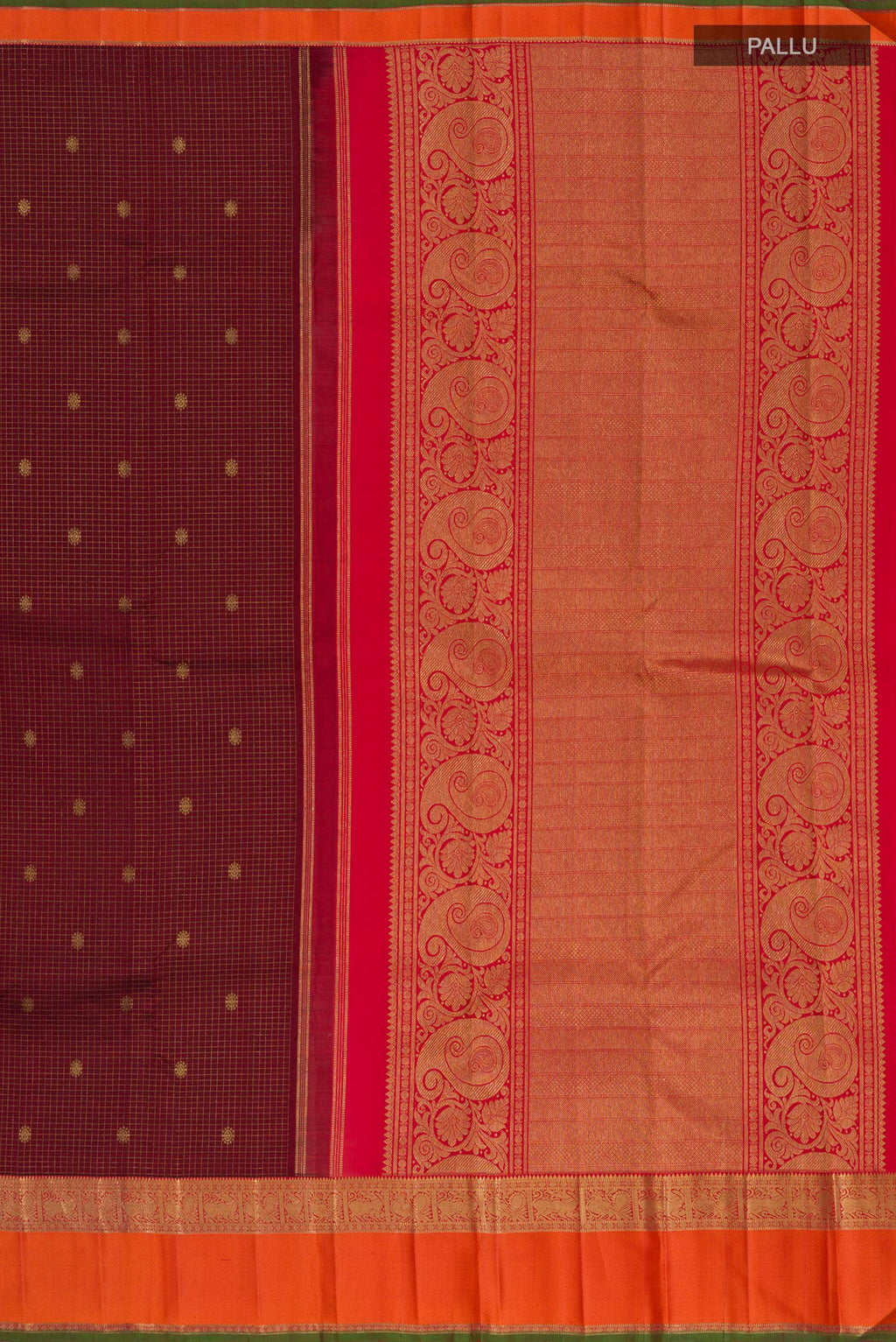 Close up image of the pallu of Pure Silk Maroon Kanchipuram Saree with Checked design on the body and Zari Border. 