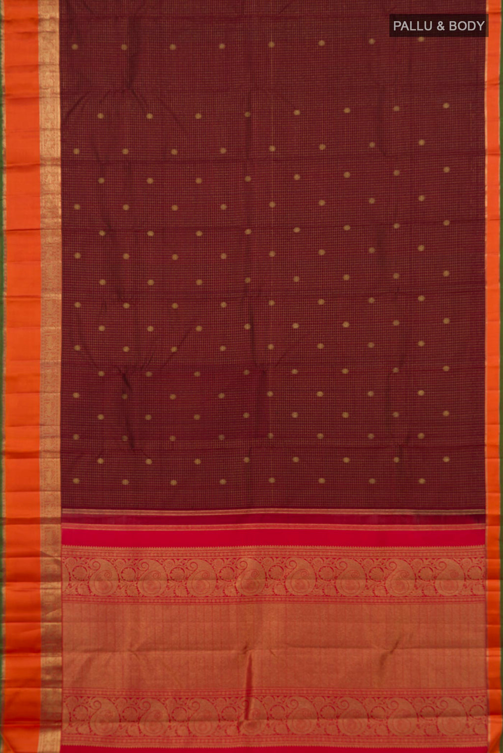 Flat view of Pure Silk Maroon Kanchipuram Saree with Checked design on the body and Zari Border. 