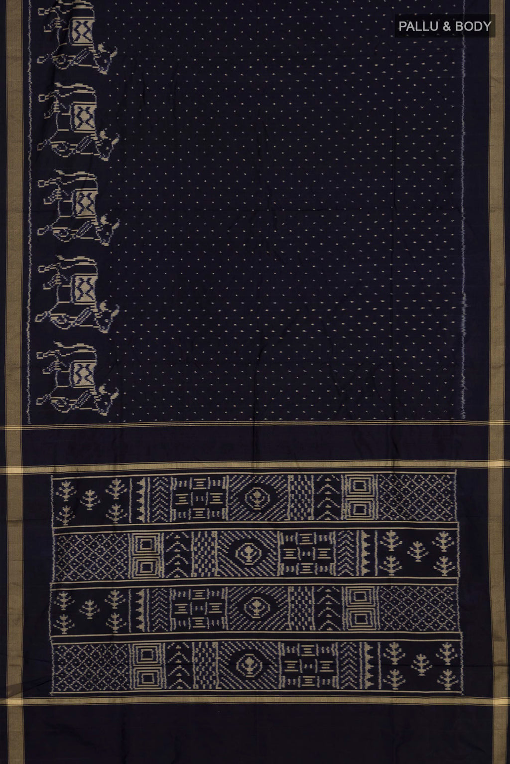 Flat view of Pure Silk Navy Blue Pochampally Saree with Pure Ikat on the body and Zari Border. 