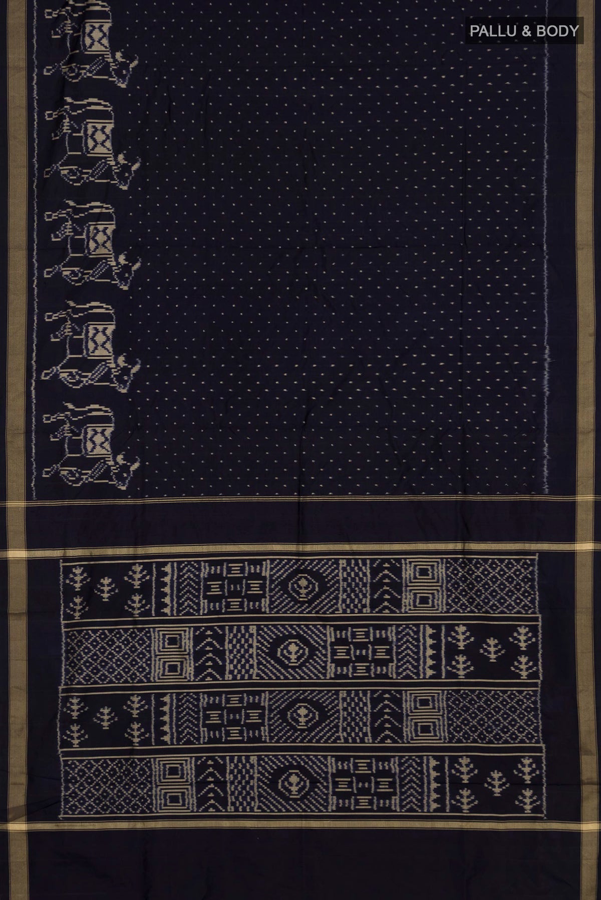 Flat view of Pure Silk Navy Blue Pochampally Saree with Pure Ikat on the body and Zari Border. 