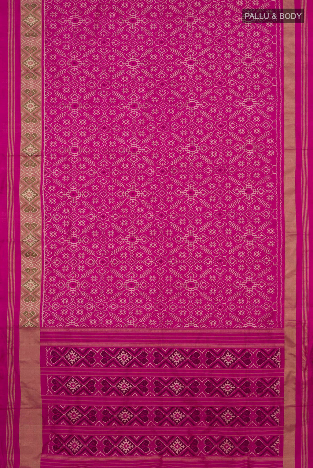 Flat view of Pure Silk Pink Pochampally Saree with Pure Ikat on the body and Zari Border. 