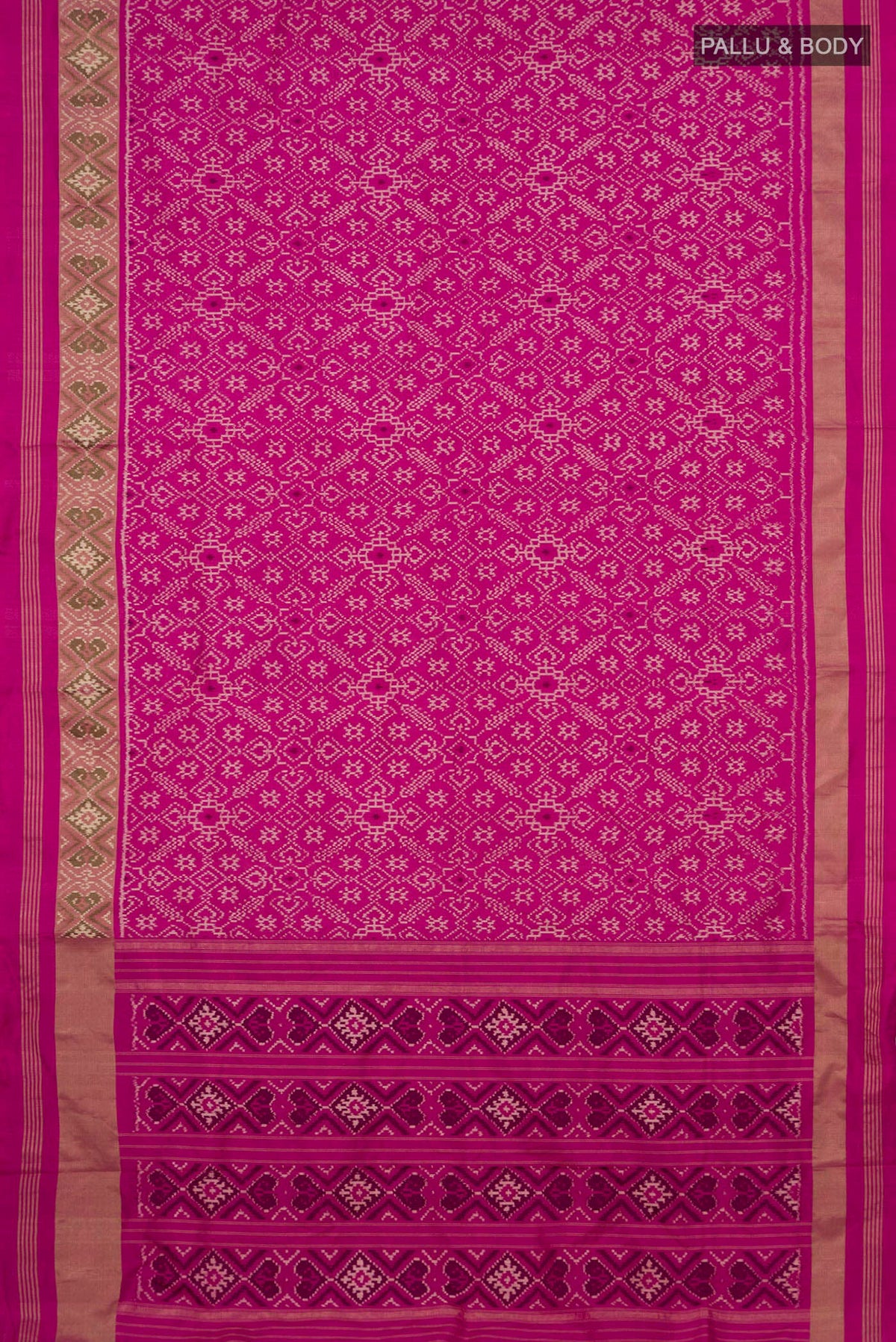 Flat view of Pure Silk Pink Pochampally Saree with Pure Ikat on the body and Zari Border. 