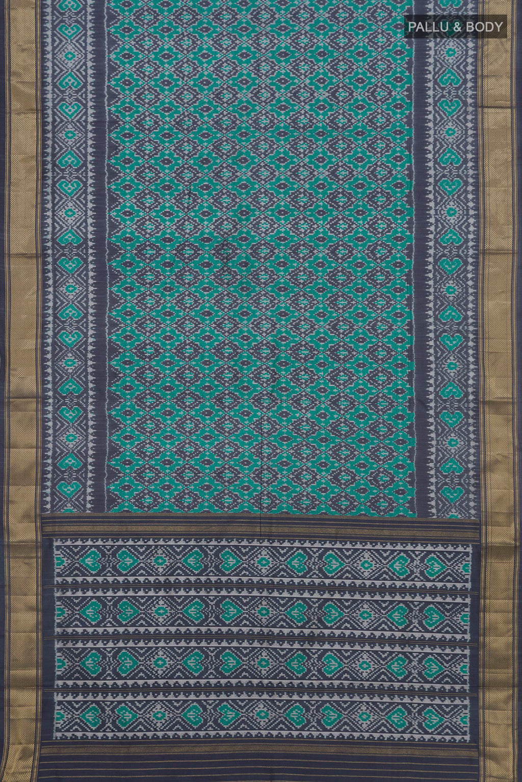 Flat view of Pure Silk Sea Green Pochampally Saree with Pure Ikat on the body and Zari Border. 