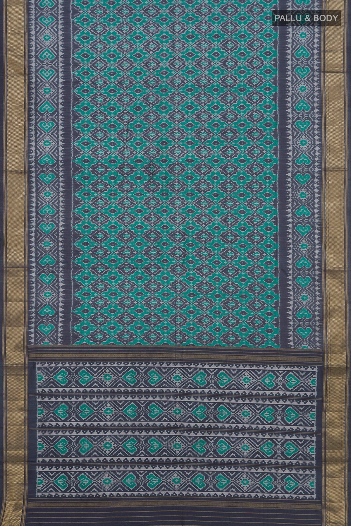 Flat view of Pure Silk Sea Green Pochampally Saree with Pure Ikat on the body and Zari Border. 