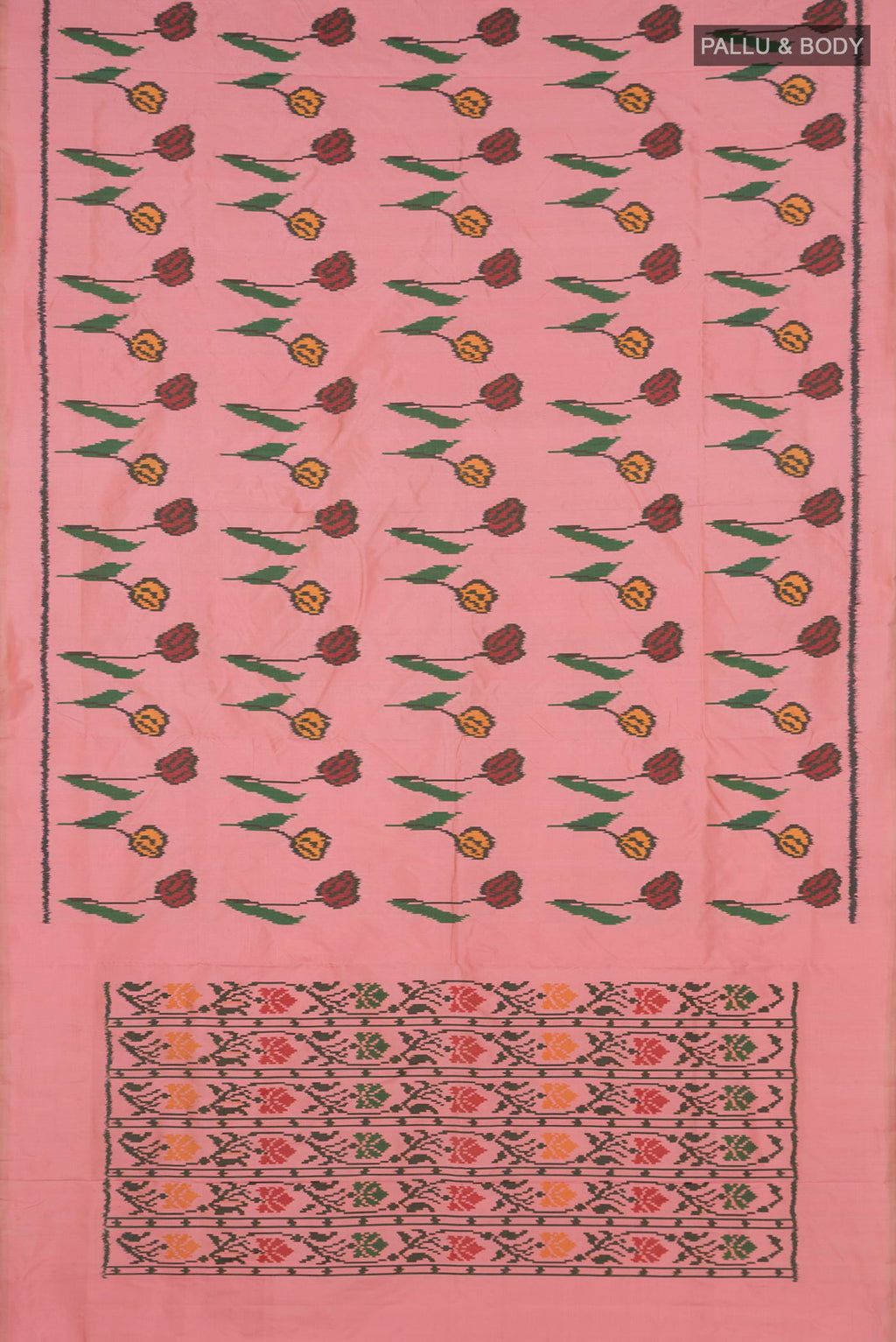 Flat view of Pure Silk Peach Pochampally Saree with Pure Ikat on the body and Plain Border. 
