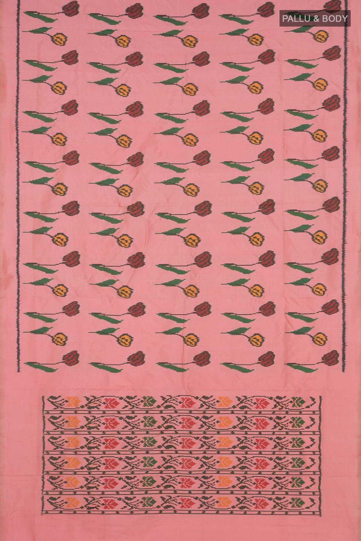 Flat view of Pure Silk Peach Pochampally Saree with Pure Ikat on the body and Plain Border. 