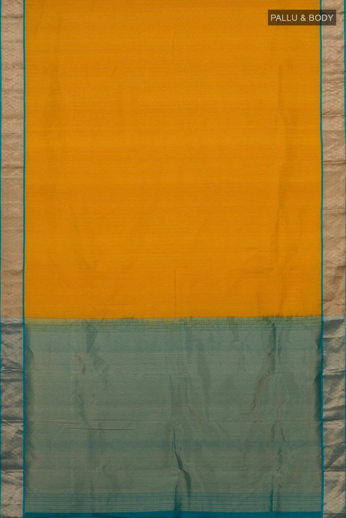 Flat view of Pure Silk Yellow Kanchipuram Saree with Zari Butta on the body and Zari Border. 
