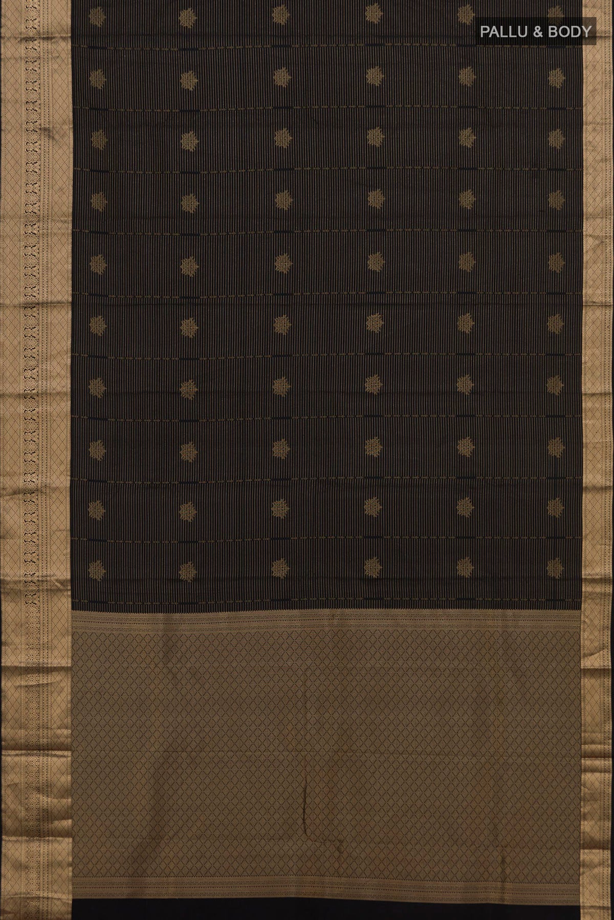 Flat view of Pure Silk Black Kanchipuram Saree with Zari Butta on the body and Zari Border. 
