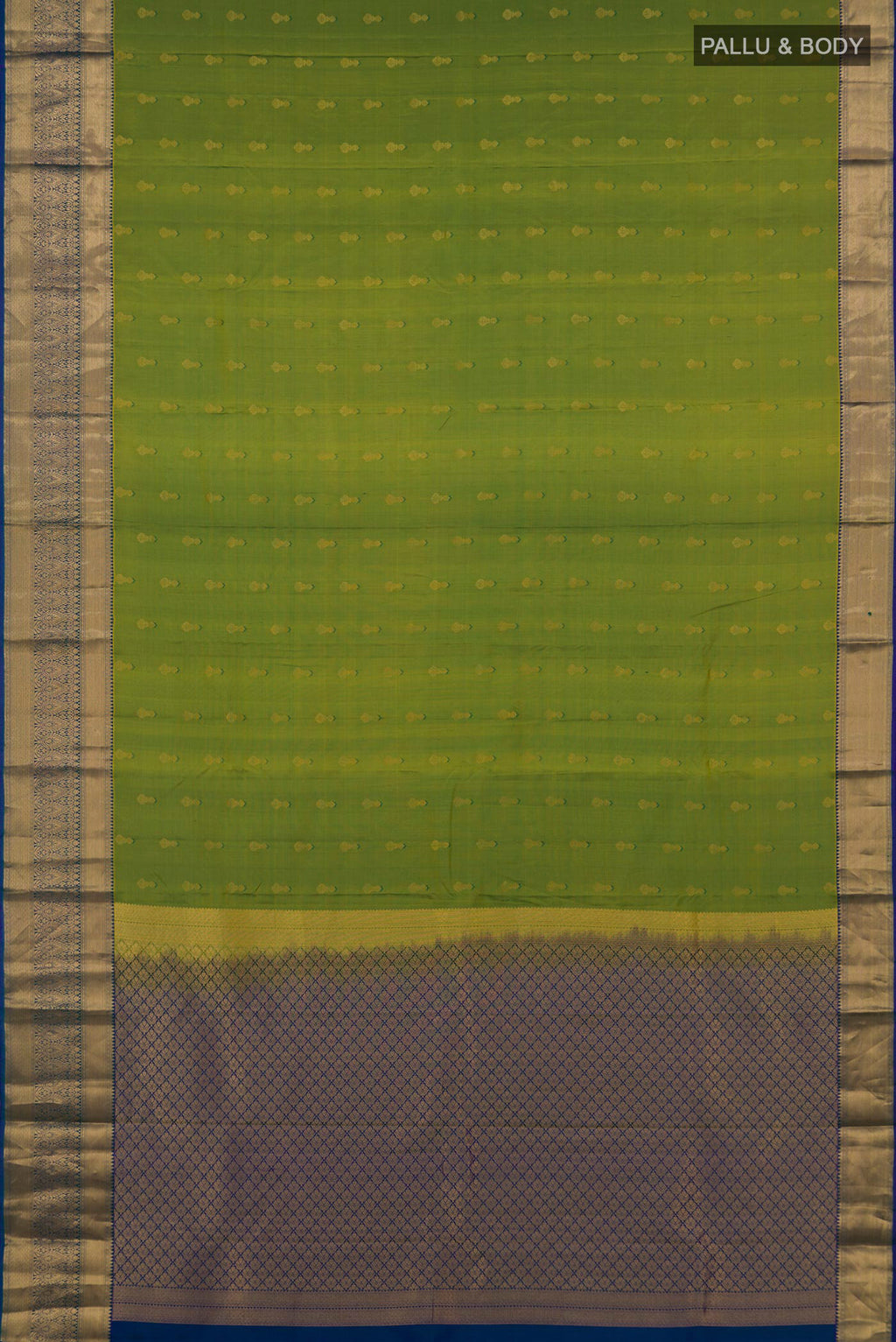Flat view of Pure Silk Green Kanchipuram Saree with Zari Butta on the body and Zari Border. 