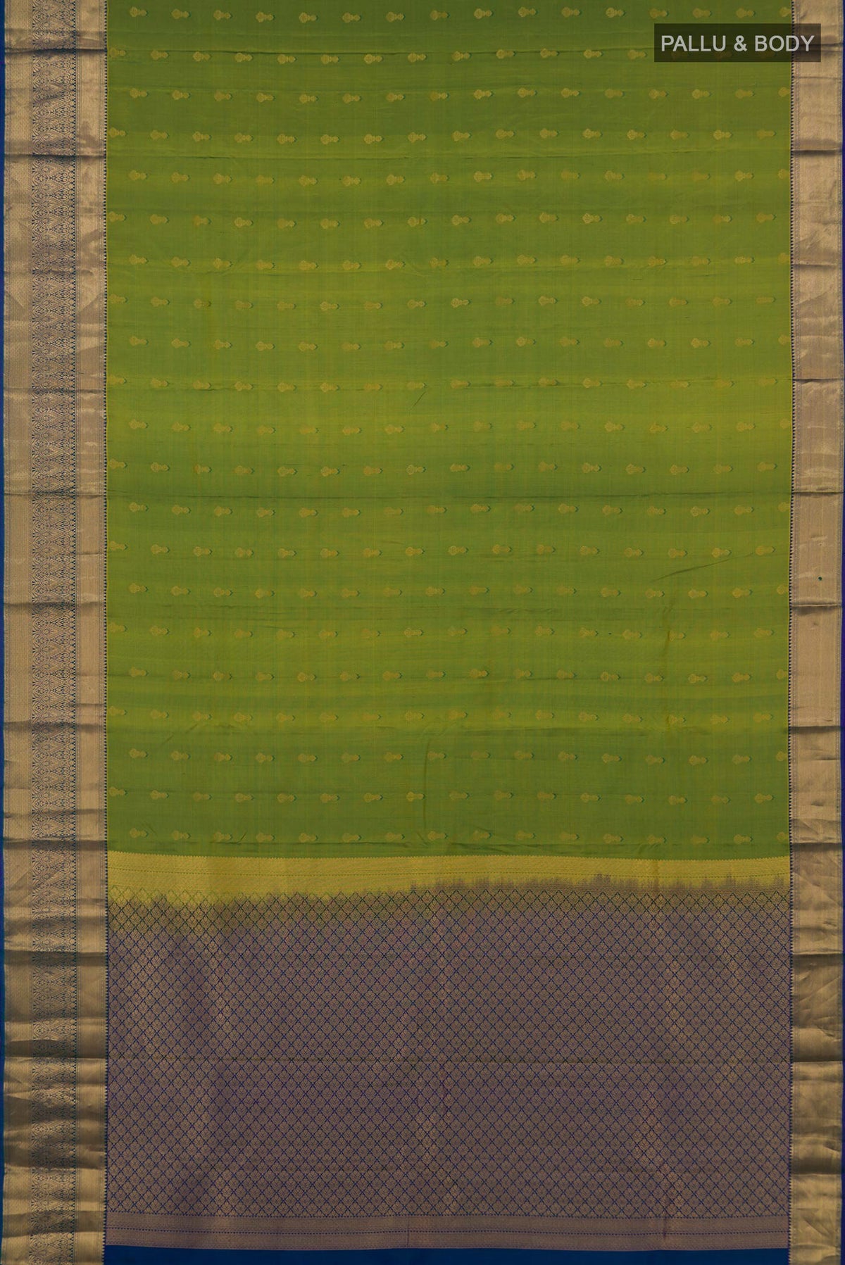 Flat view of Pure Silk Green Kanchipuram Saree with Zari Butta on the body and Zari Border. 