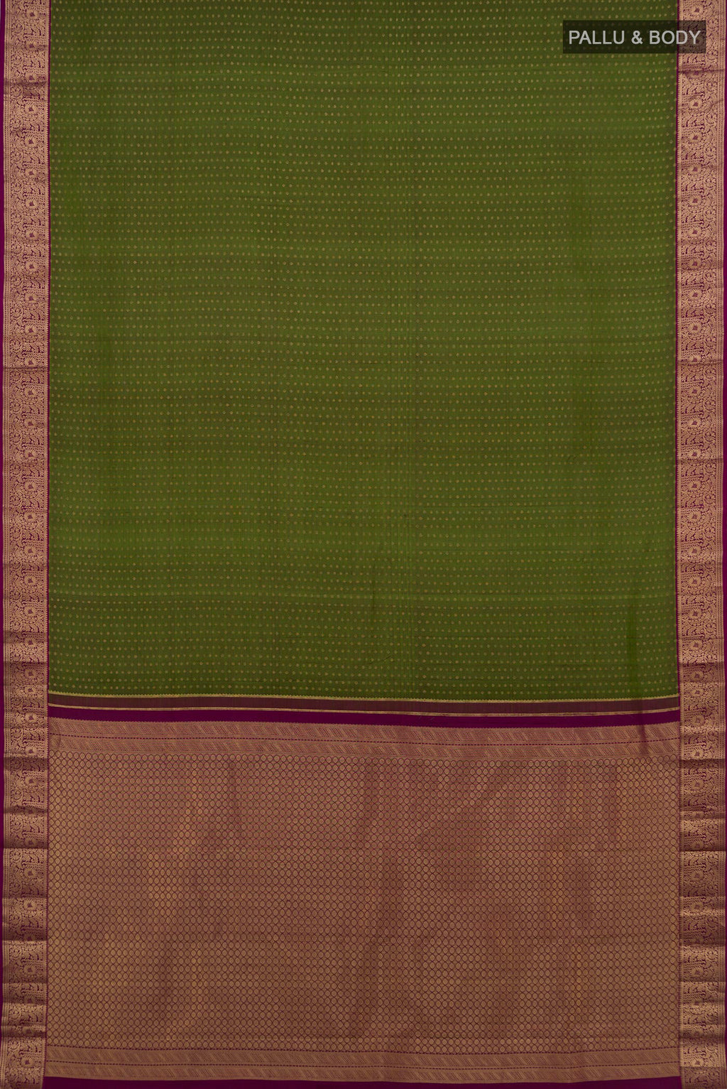 Flat view of Pure Silk Mehandi Green Kanchipuram Saree with Zari Butta on the body and Zari Border. 