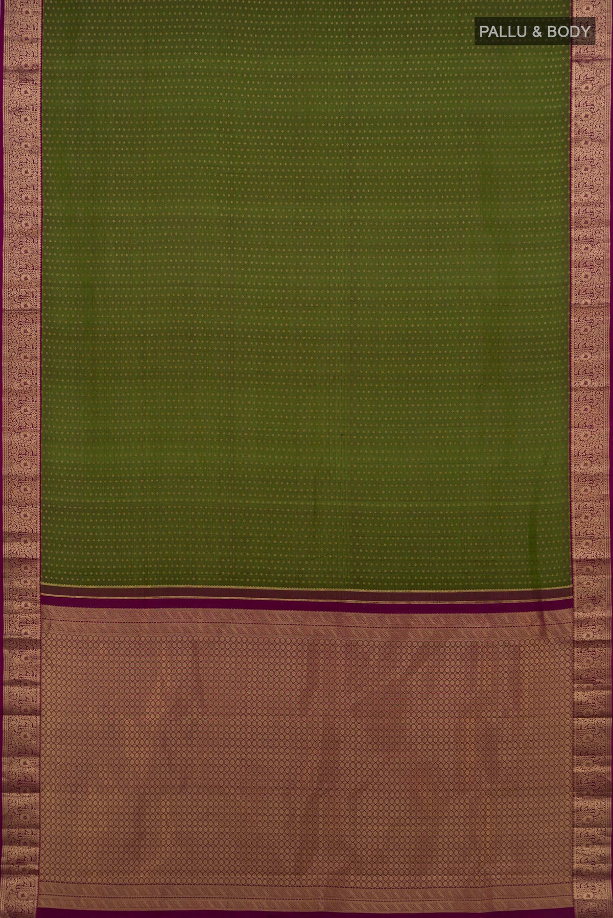 Flat view of Pure Silk Mehandi Green Kanchipuram Saree with Zari Butta on the body and Zari Border. 