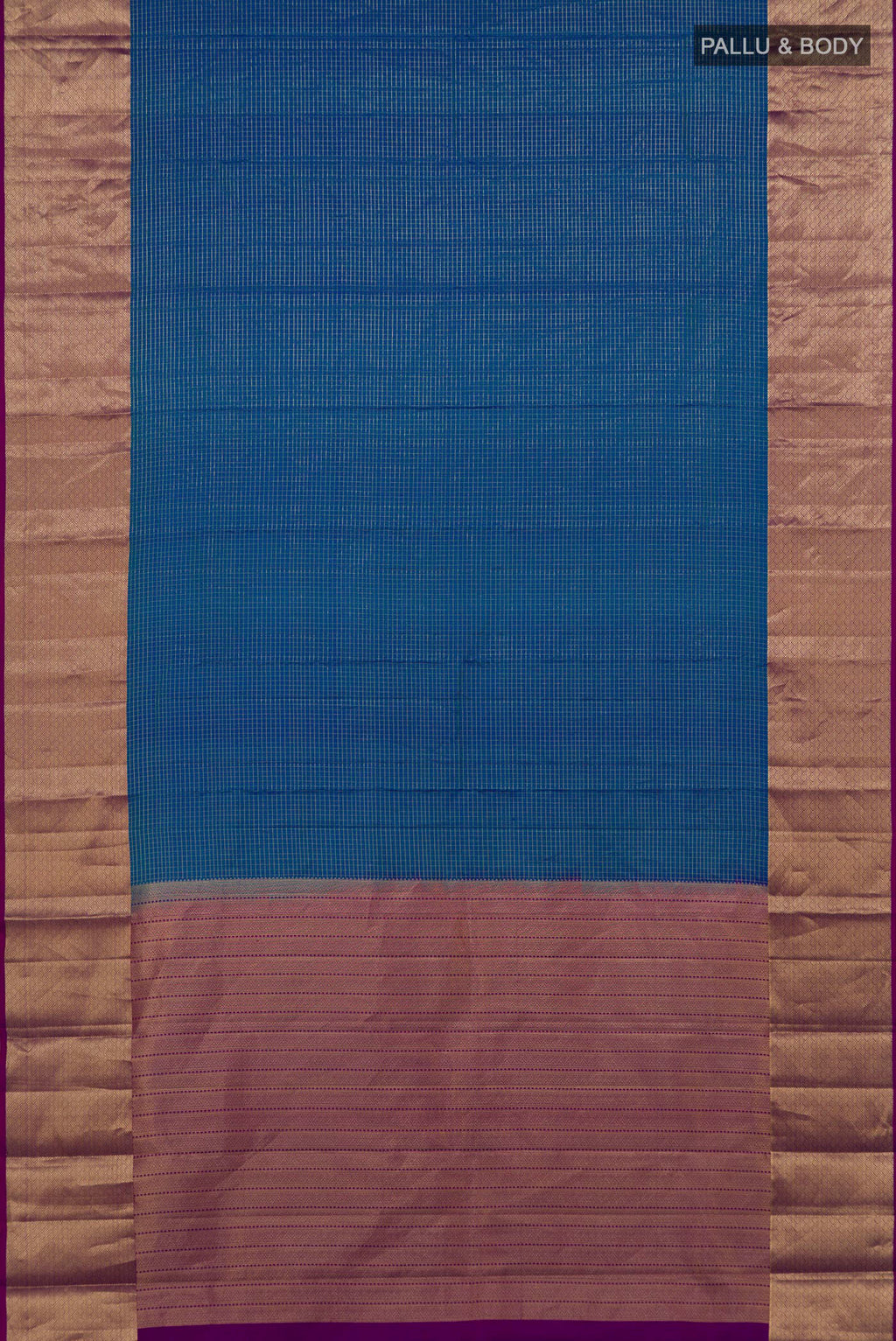 Flat view of Pure Silk Blue Kanjivaram Saree with Checked design on the body and Zari Border. 