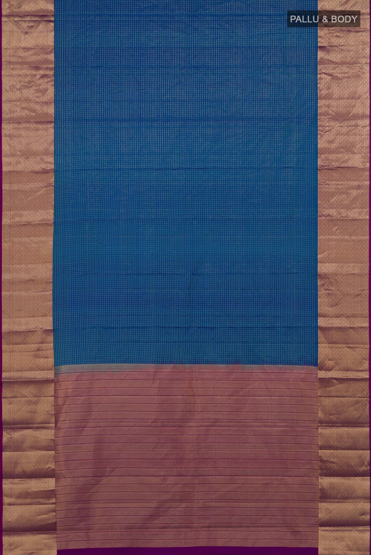Flat view of Pure Silk Blue Kanjivaram Saree with Checked design on the body and Zari Border. 
