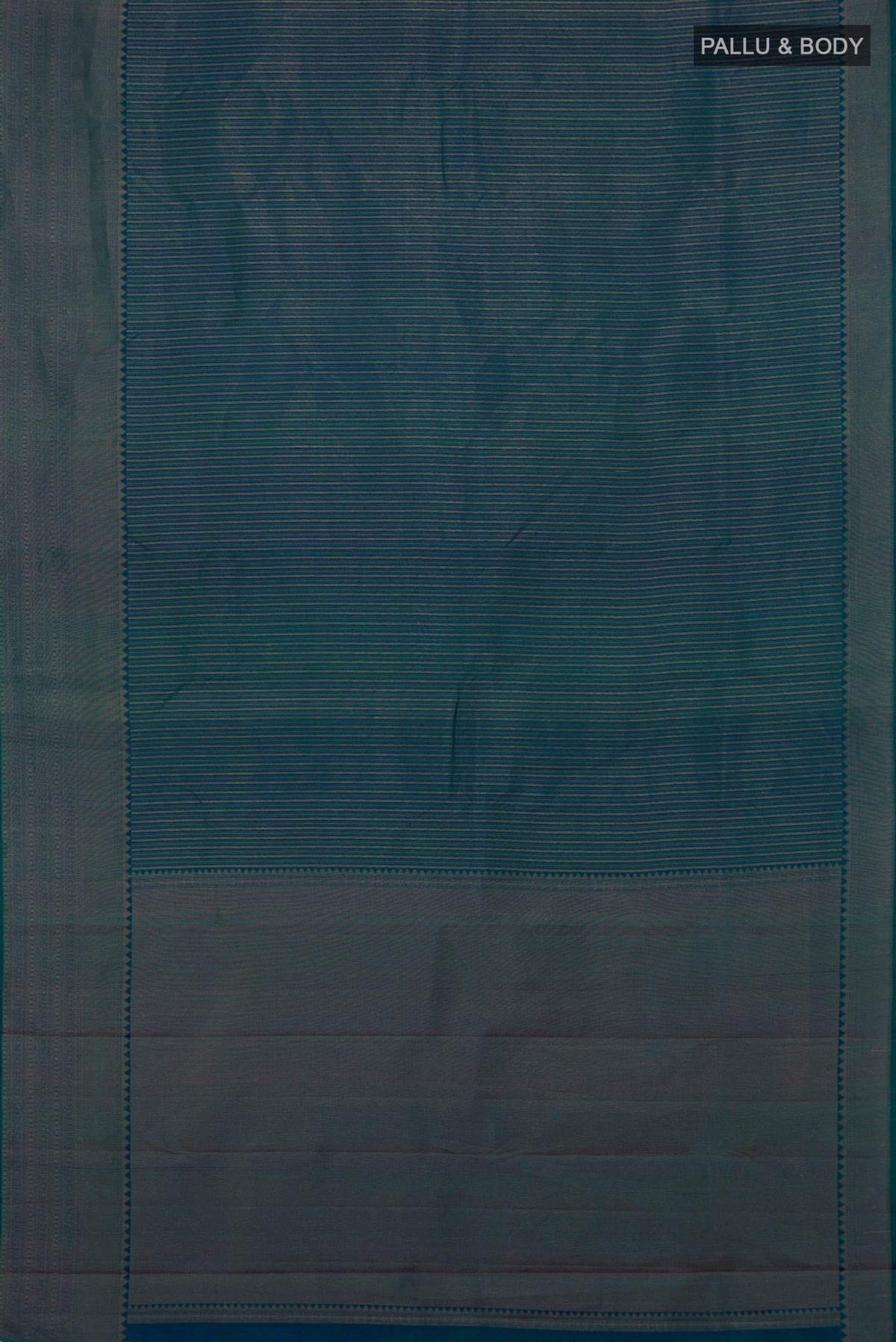Flat view of Pure Silk Peacock Blue Dual Tone Kanjivaram Saree with Stripes on the body and Fancy Border. 