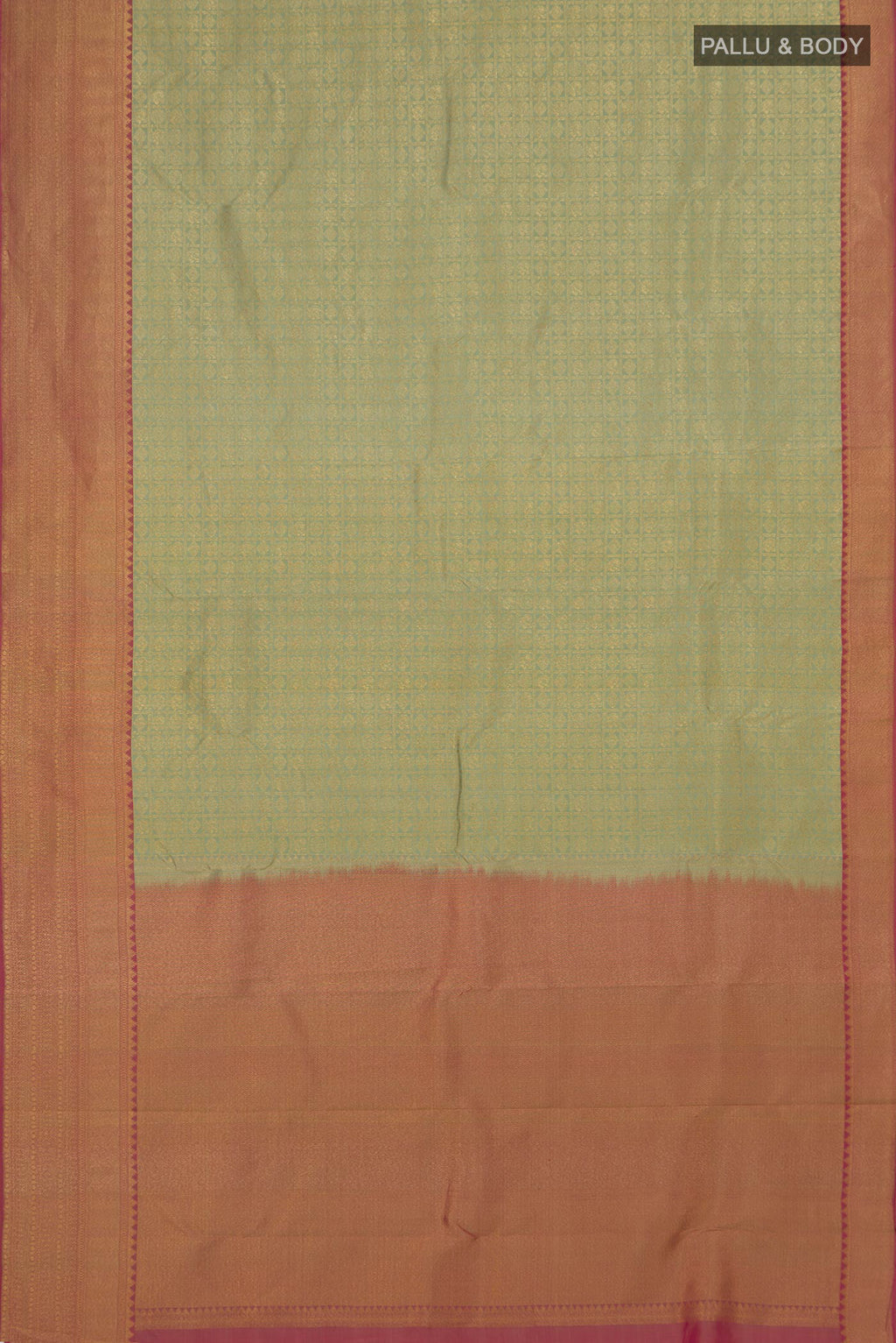 Flat view of Pure Silk Pista Green Kanchipuram Saree with Zari Brocade on the body and Zari Border. 