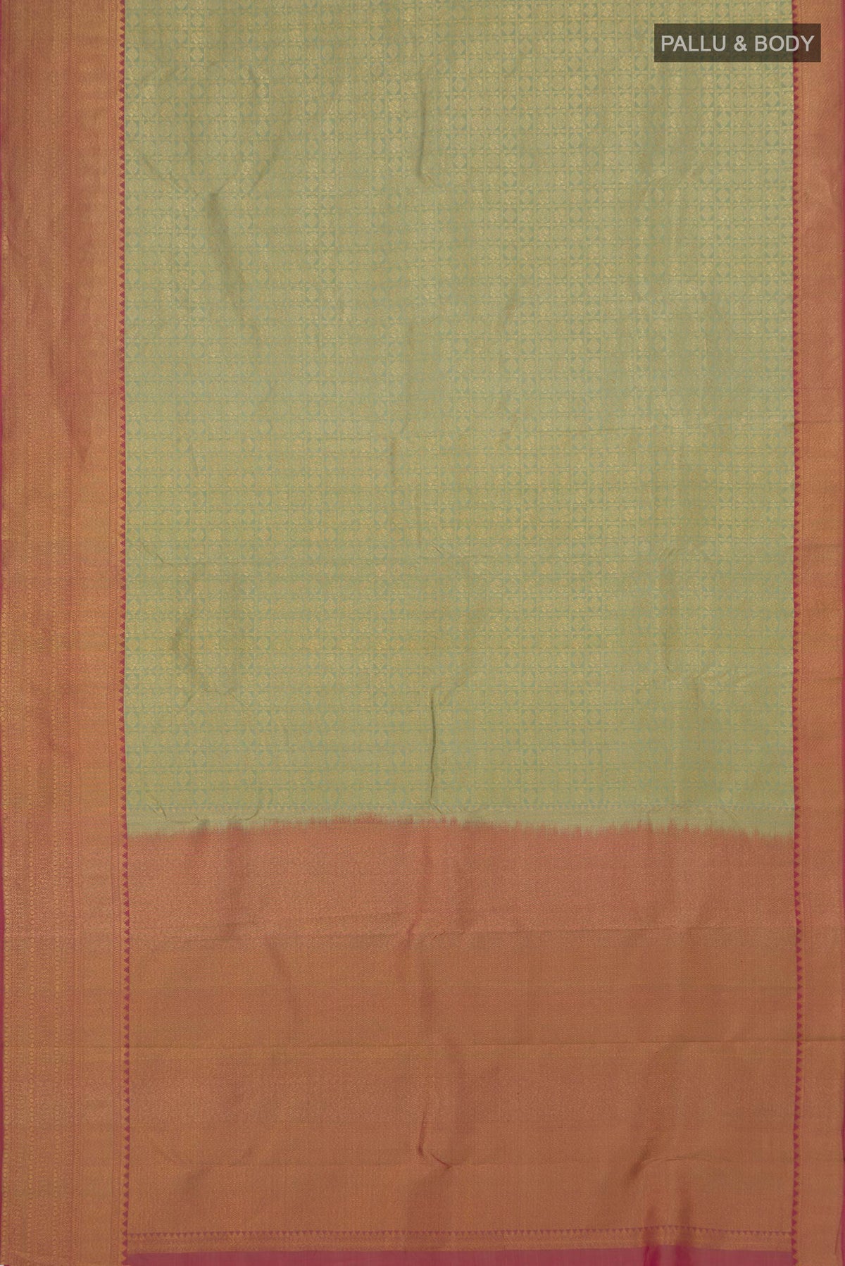 Flat view of Pure Silk Pista Green Kanchipuram Saree with Zari Brocade on the body and Zari Border. 