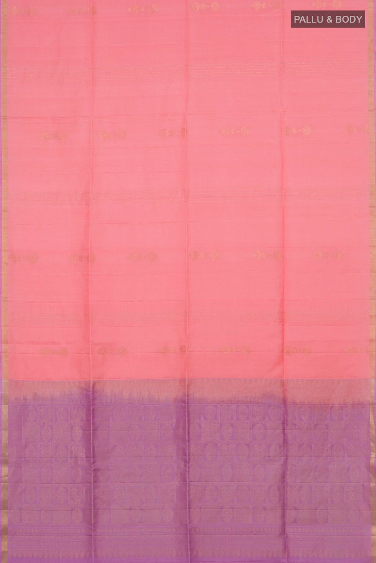 Flat view of Pure Silk Peach Soft Saree with Zari Butta on the body and Thin Zari Line. 