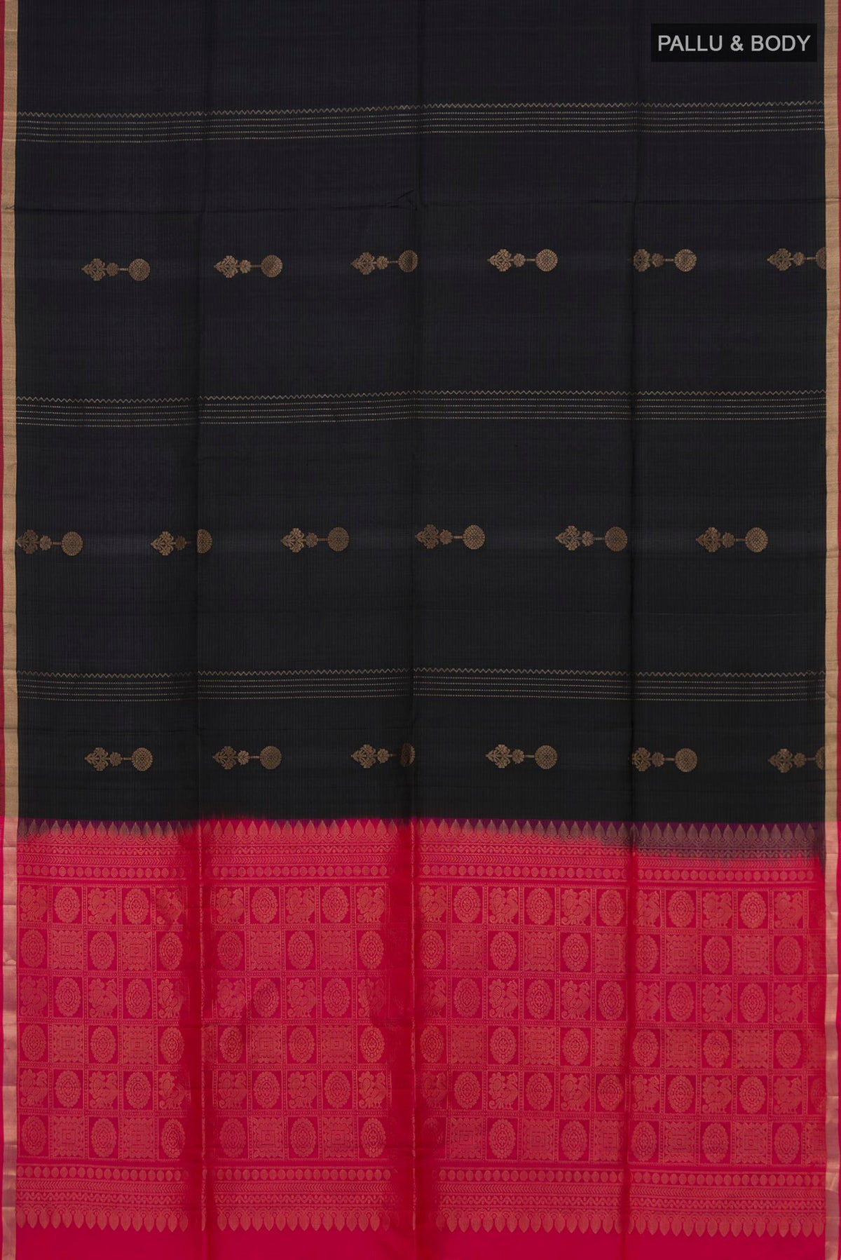 Flat view of Pure Silk Black Soft Saree with Zari Butta on the body and Thin Zari Line. 