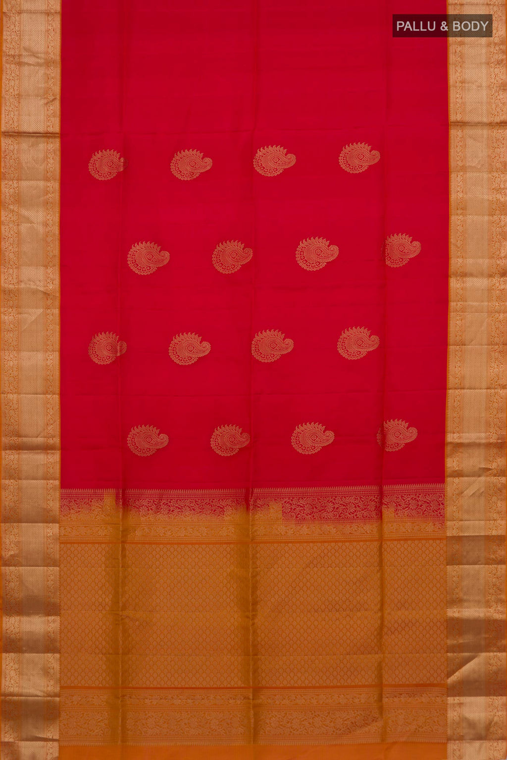 Flat view of Pure Silk Red Soft Saree with Zari Butta on the body and Zari Border. 