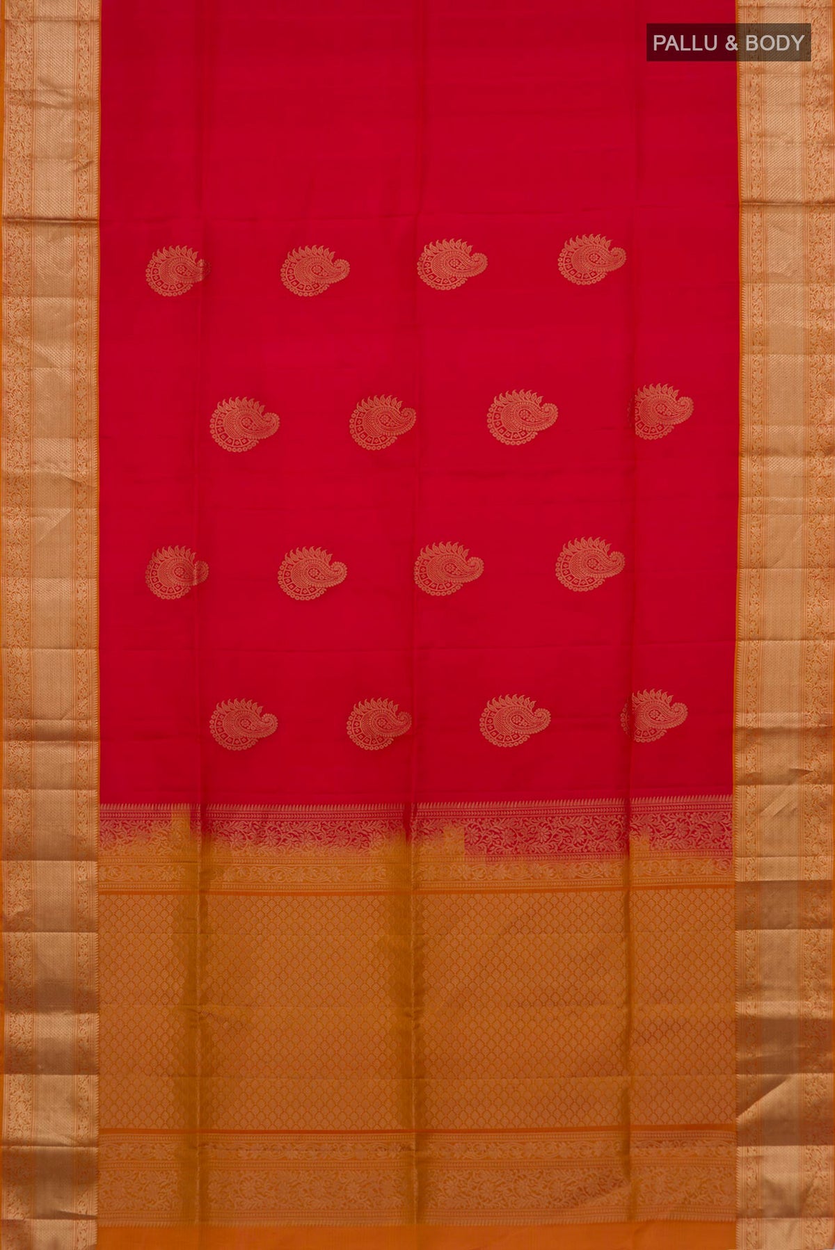 Flat view of Pure Silk Red Soft Saree with Zari Butta on the body and Zari Border. 