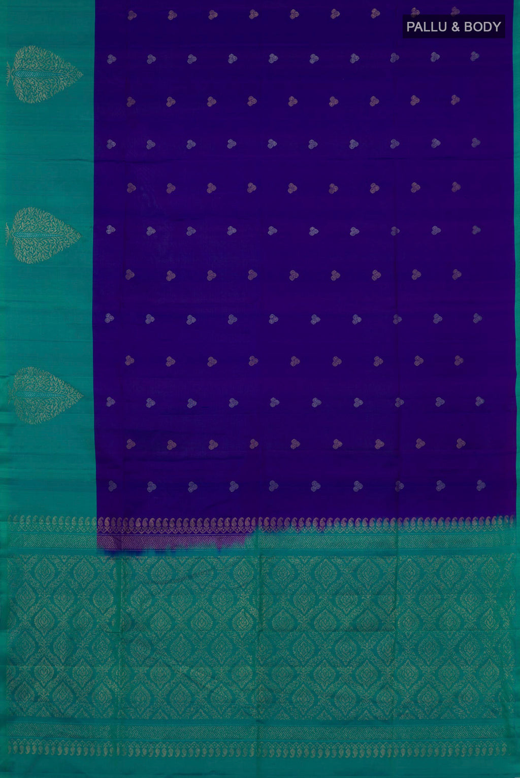 Flat view of Pure Silk Blue Soft Saree with Zari Butta on the body and Fancy Border. 