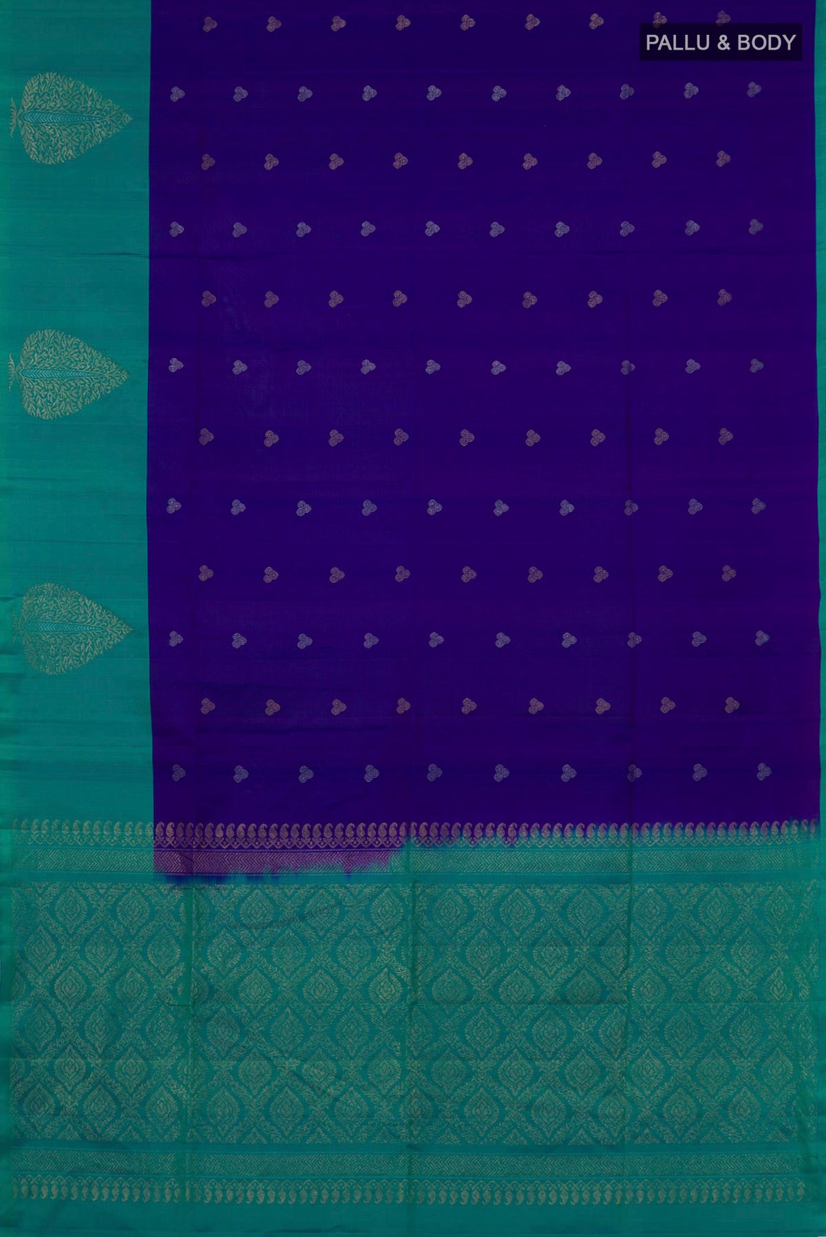Flat view of Pure Silk Blue Soft Saree with Zari Butta on the body and Fancy Border. 