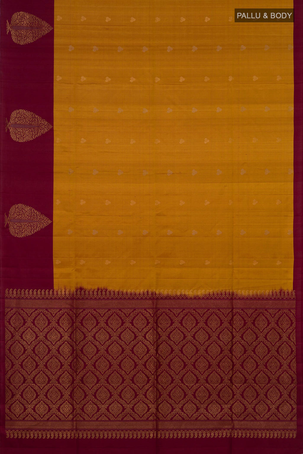 Flat view of Pure Silk Mustard Soft Saree with Zari Butta on the body and Plain Border. 