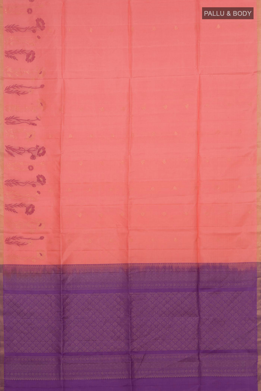 Flat view of Pure Silk Peach Soft Saree with Zari Butta on the body and Thin Zari Line. 