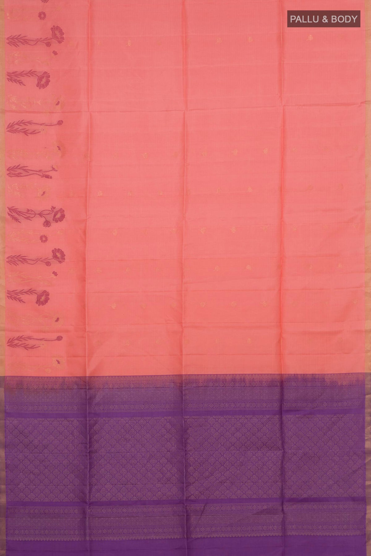 Flat view of Pure Silk Peach Soft Saree with Zari Butta on the body and Thin Zari Line. 