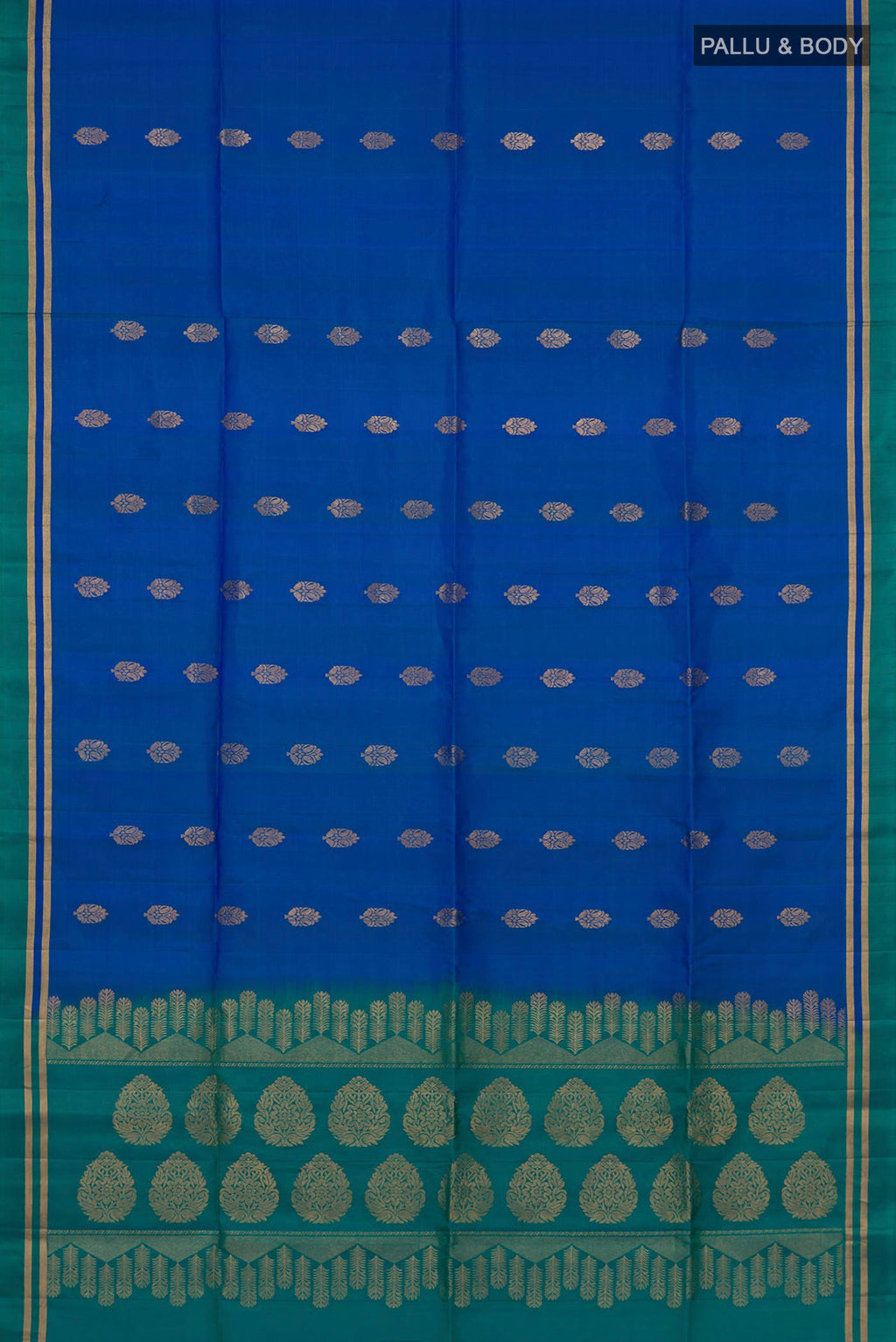 Flat view of Pure Silk Blue Soft Saree with Zari Butta on the body and Thin Zari Line. 