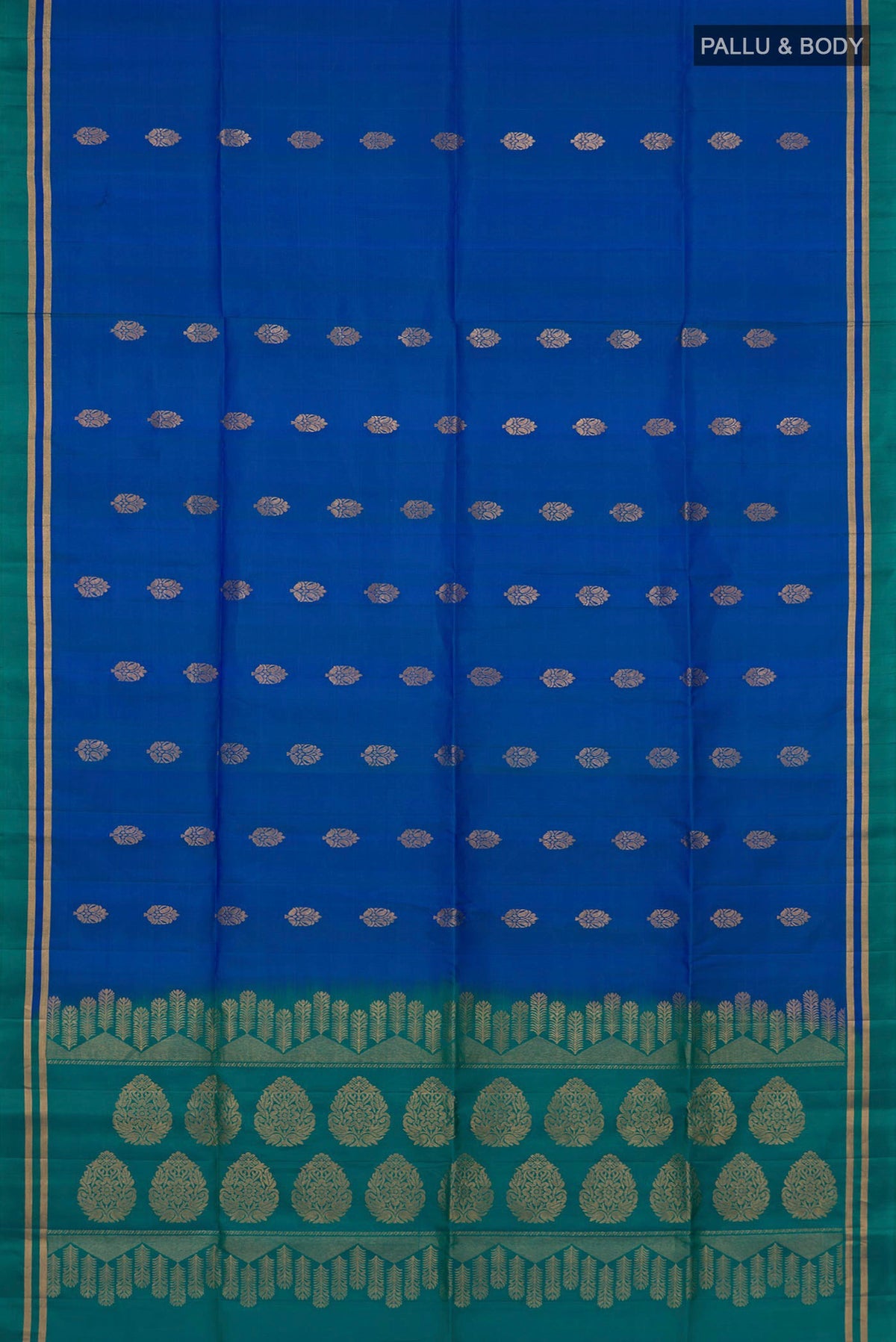 Flat view of Pure Silk Blue Soft Saree with Zari Butta on the body and Thin Zari Line. 