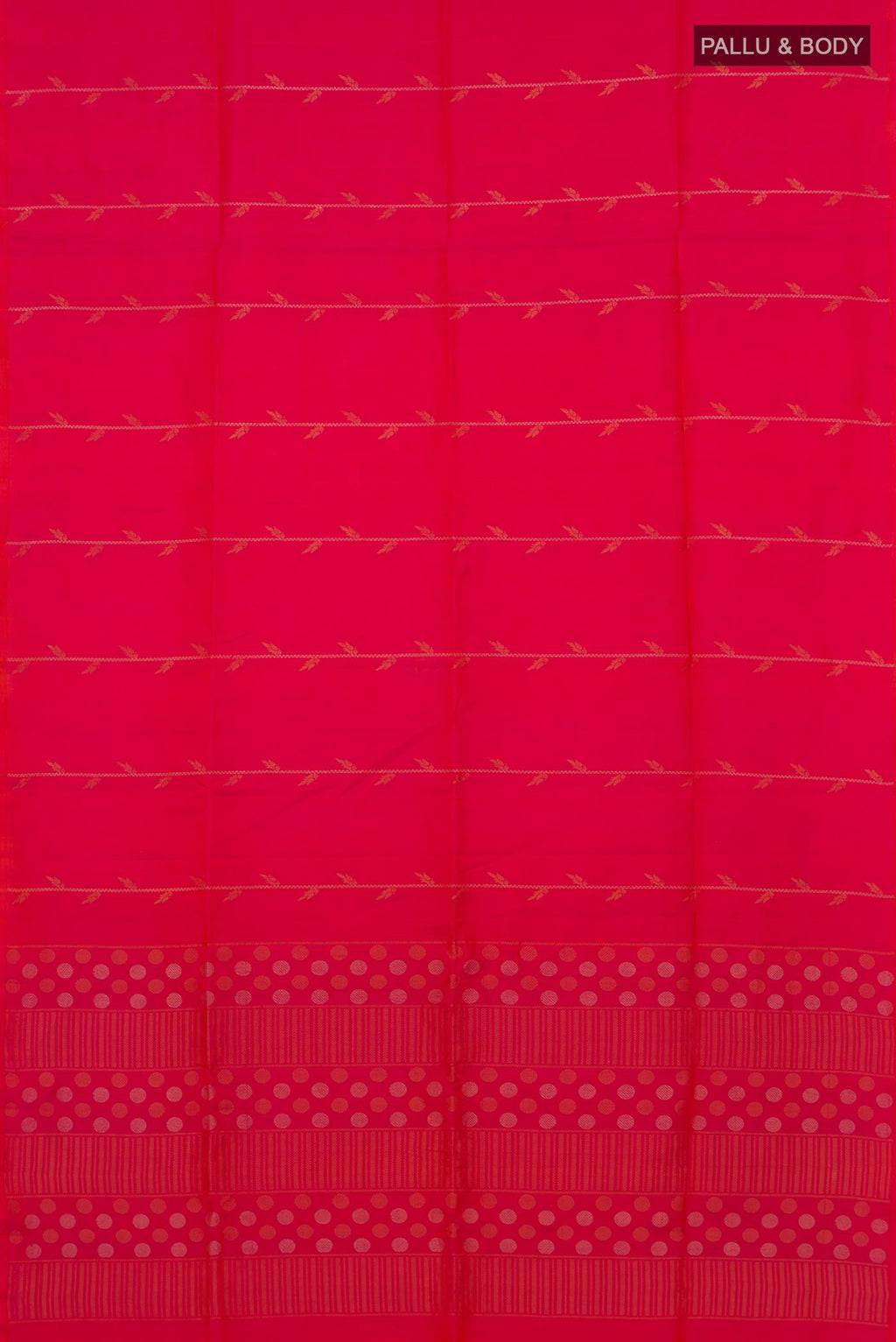 Flat view of Pure Silk Pink Soft Saree with Zari Butta on the body and Without Border. 