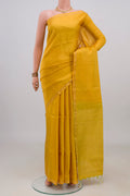 Pure Silk Yellow Soft Saree with Checked design on the body and Thin Zari Line.  displayed on a mannequin
