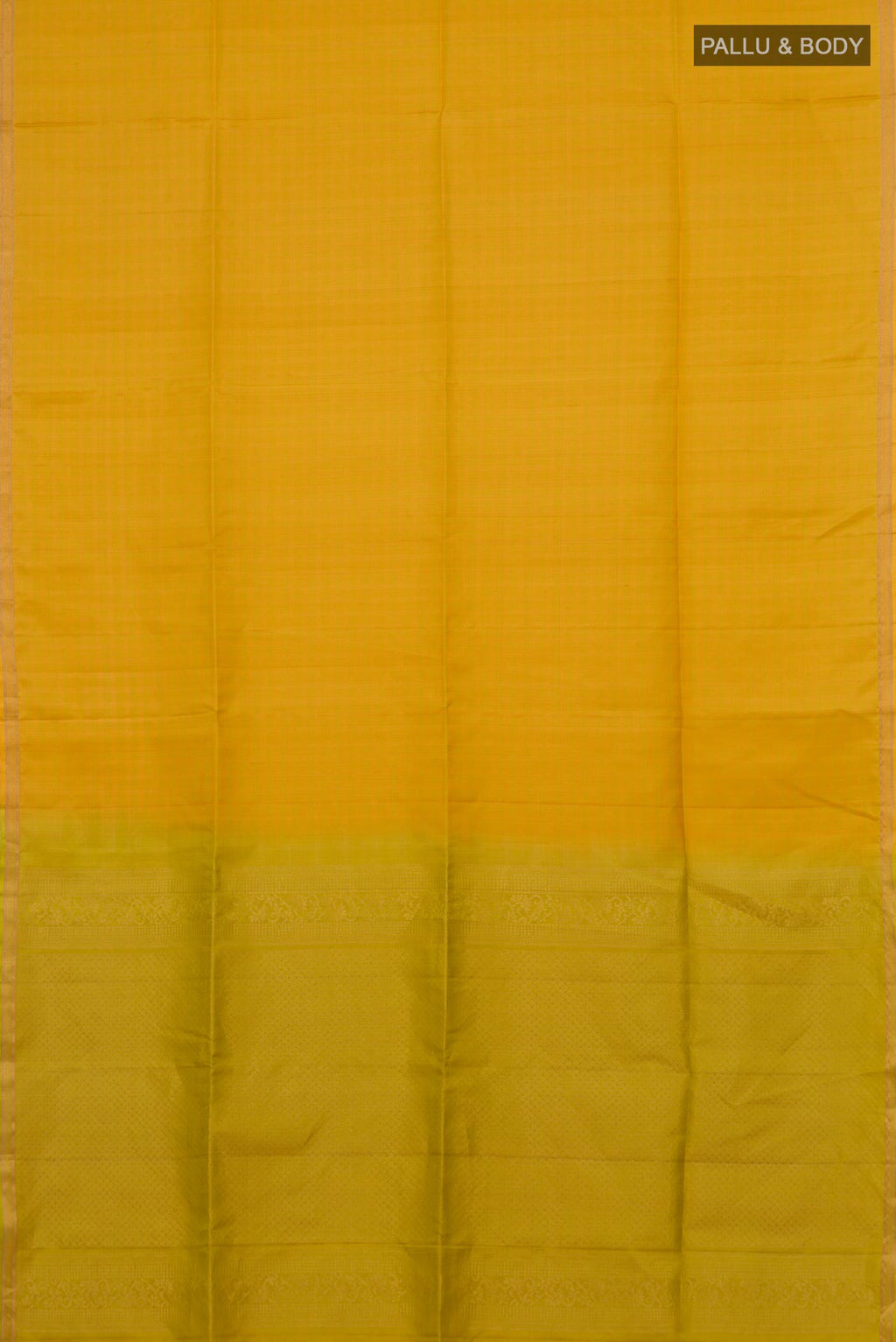 Flat view of Pure Silk Yellow Soft Saree with Checked design on the body and Thin Zari Line. 