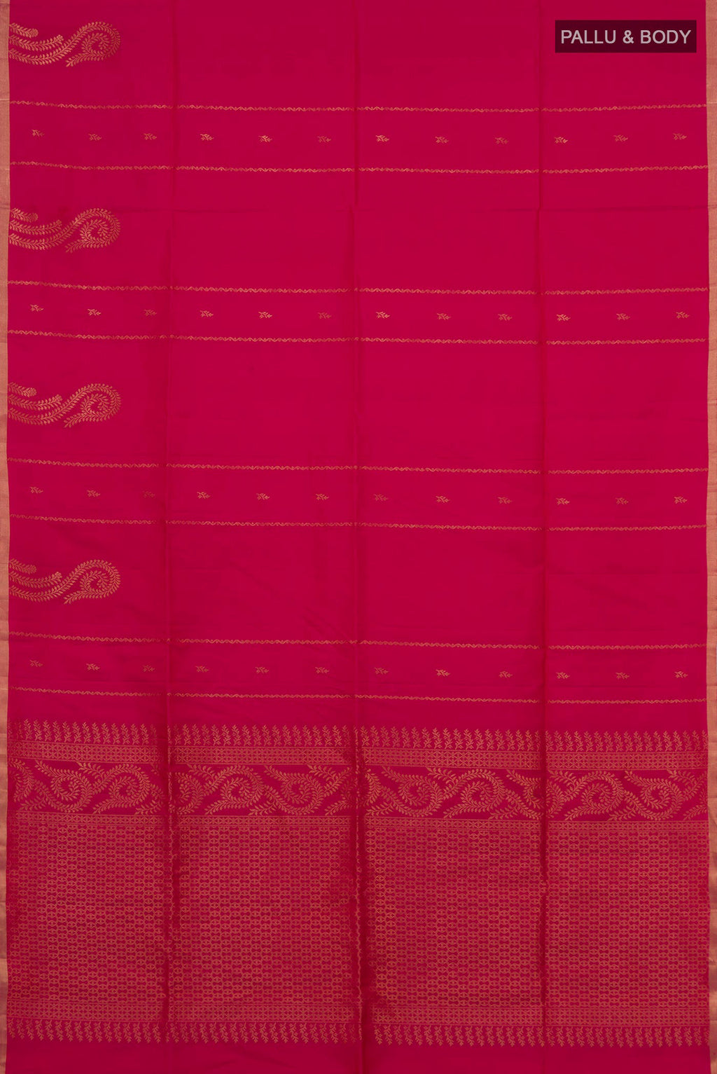 Flat view of Pure Silk Pink Soft Saree with Zari Butta on the body and Thin Zari Line. 