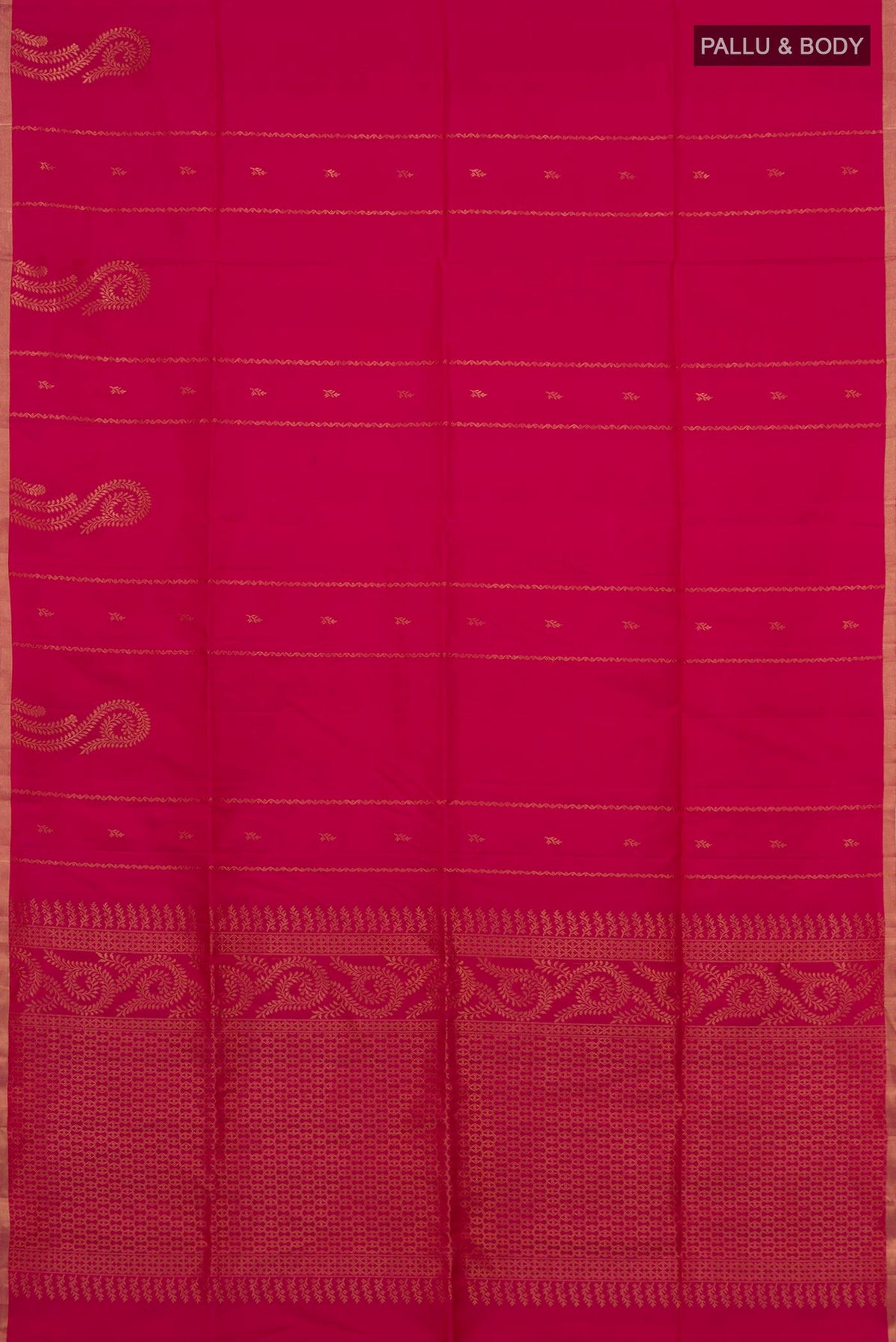 Flat view of Pure Silk Pink Soft Saree with Zari Butta on the body and Thin Zari Line. 