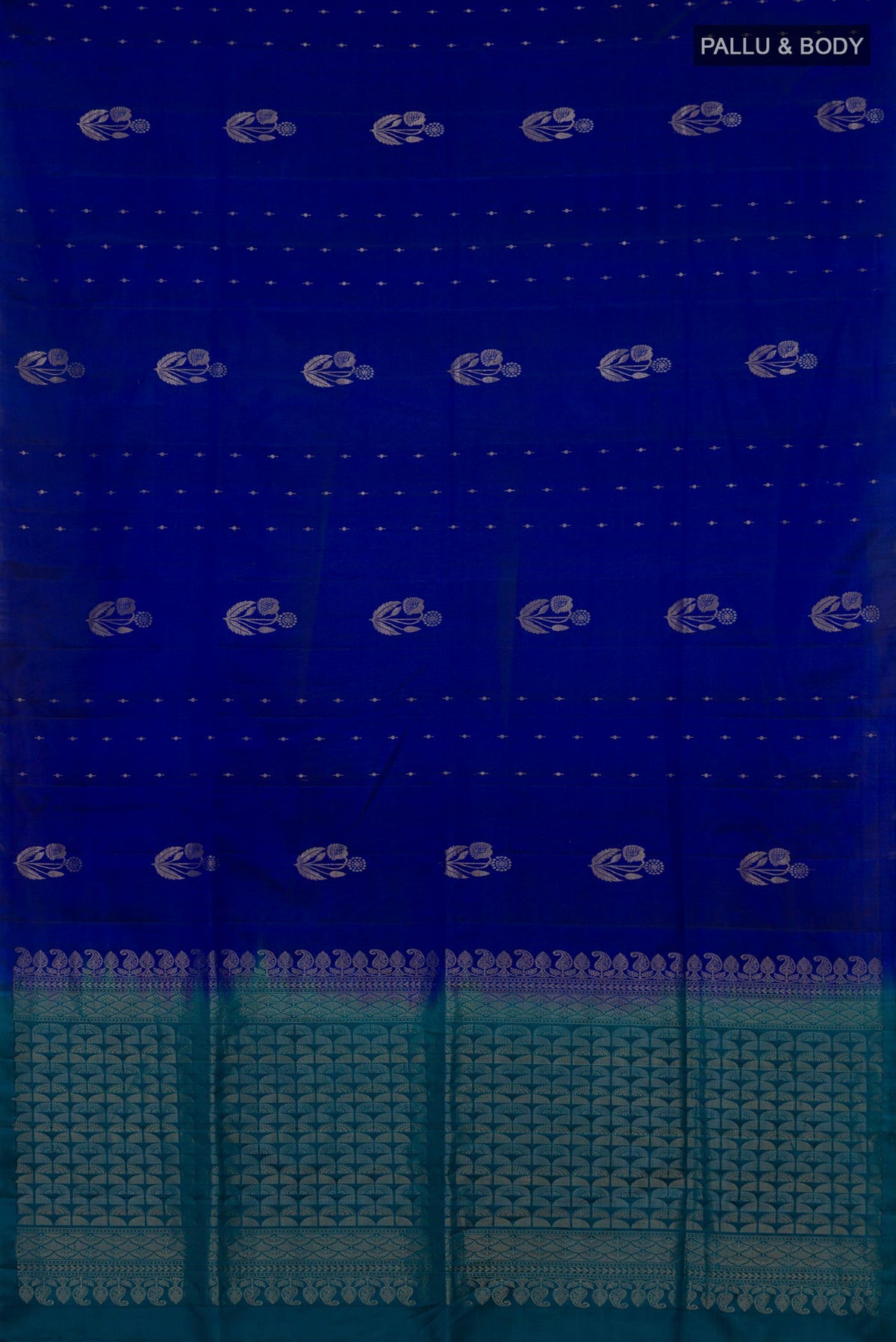 Flat view of Pure Silk Royal Blue Soft Saree with Zari Butta on the body and Without Border. 