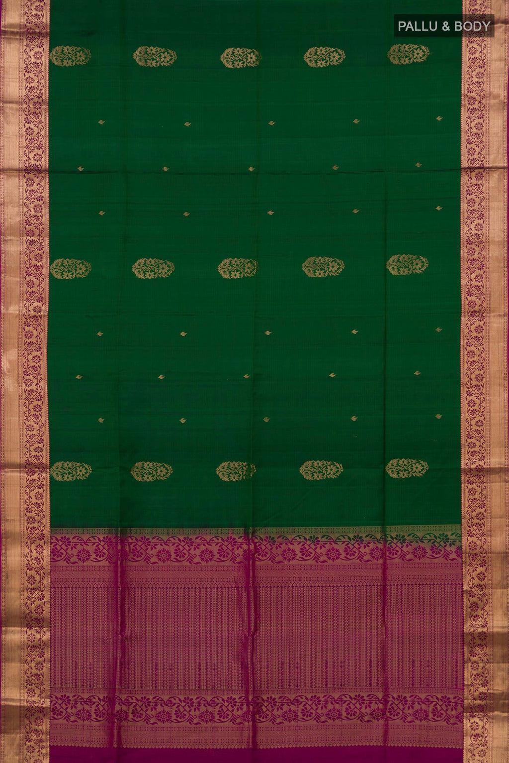 Flat view of Pure Silk Green Soft Saree with Zari Butta on the body and Zari Border. 